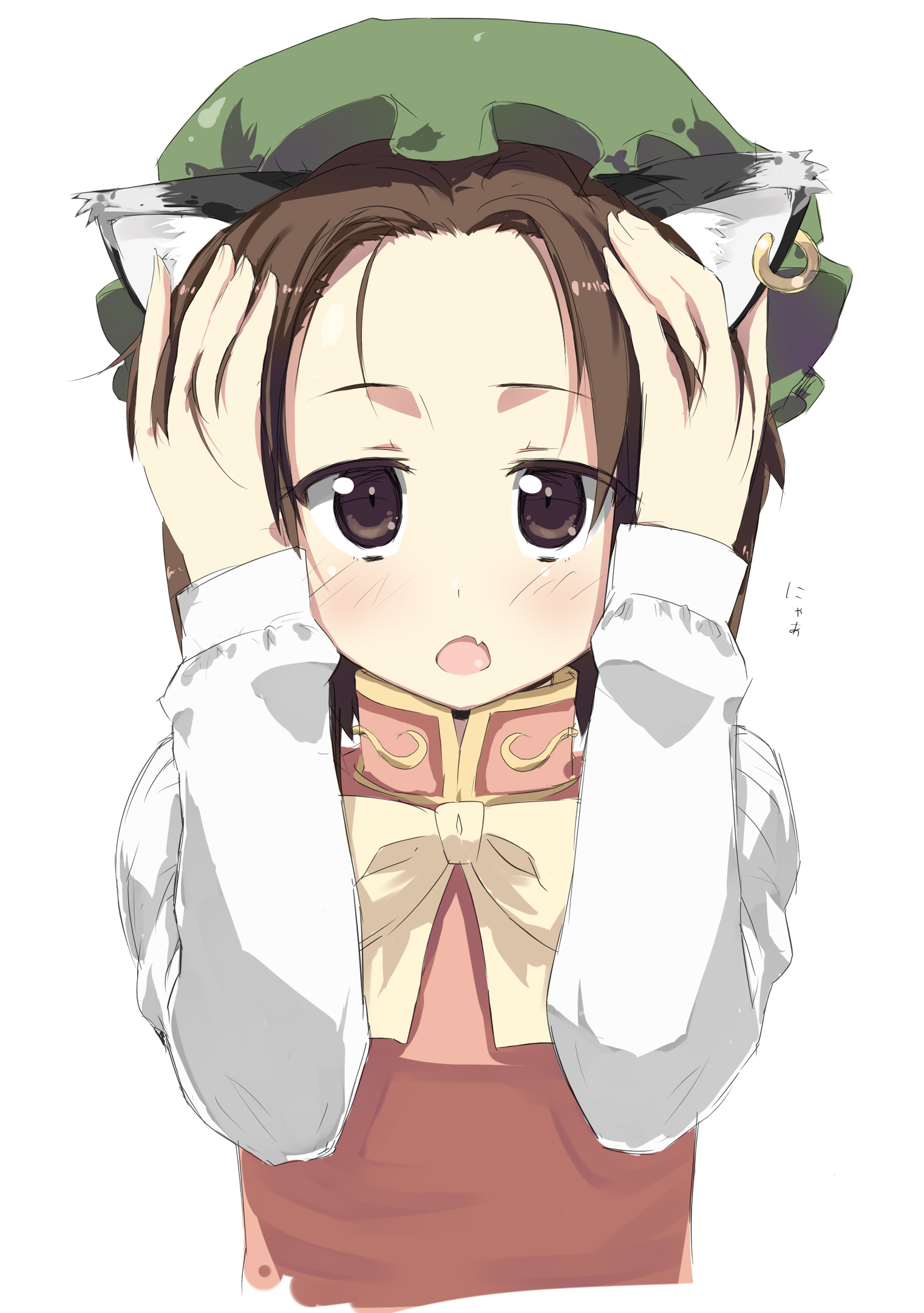 h@ll, chen, touhou, bad id, bad pixiv id, highres, 1girl, animal ears, blush, brown eyes, brown hair, cat ears, cat girl, earrings, fang, female focus, forehead, hat, jewelry, short hair, sketch, solo, upper body, white background