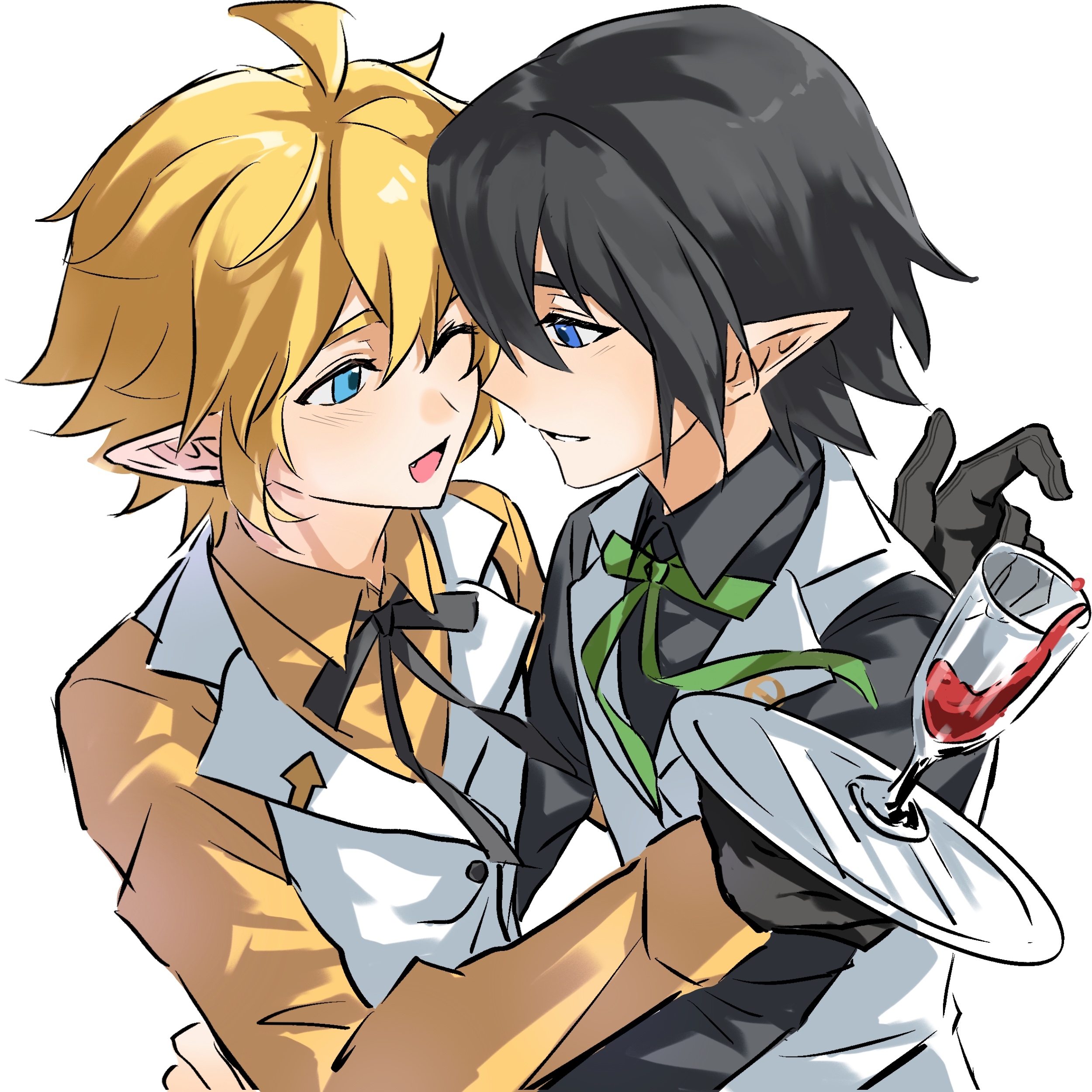 camil (aotu world), king (aotu world), aotu world, absurdres, chinese commentary, highres, 2boys, ahoge, alcohol, alternate costume, black gloves, black hair, black ribbon, black shirt, blonde hair, blue eyes, blush, collared shirt, cup, drinking glass, eye contact, fang, gloves, green ribbon, hair between eyes, holding, holding tray, hug, long sleeves, looking at another, male focus, multiple boys, neck ribbon, one eye closed, open mouth, parted lips, pointy ears, ribbon, shirt, short hair, simple background, smile, tray, upper body, vest, white background, white vest, wine, wine glass, yaoi, yellow shirt, yezhulatanglaoban