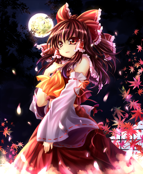 akaneminato, yunaminato, yuuna minato, hakurei reimu, touhou, bad id, bad pixiv id, 1girl, bow, brown hair, detached sleeves, falling leaves, female focus, full moon, japanese clothes, leaf, miko, moon, red eyes, short hair, solo