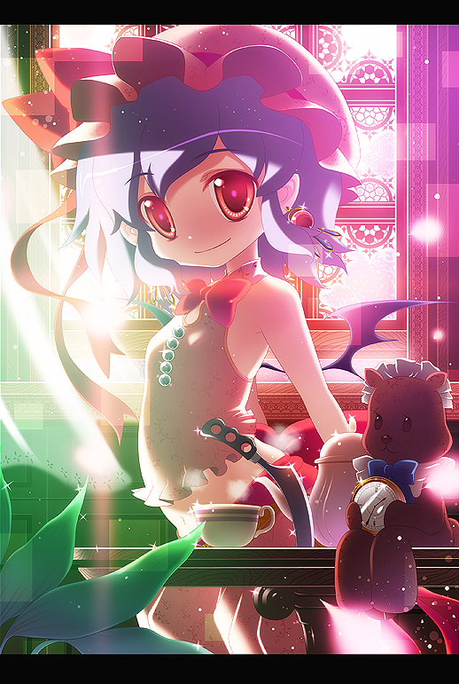 goriyaku, remilia scarlet, touhou, 1girl, alternate costume, blue hair, bow, bowtie, cup, earrings, female focus, flat chest, hat, jewelry, knife, letterboxed, maid headdress, plant, pocket watch, red eyes, solo, stuffed animal, stuffed toy, teacup, teapot, teddy bear, watch, window