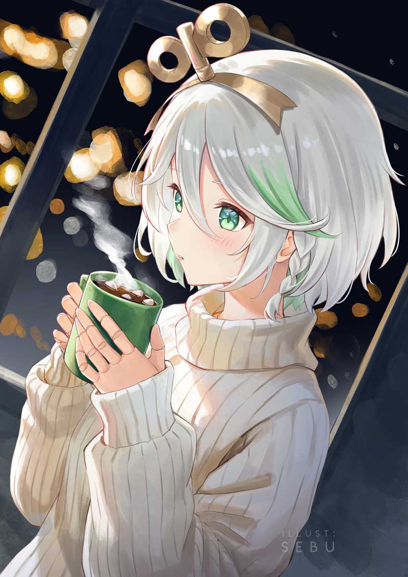 sebu illust, cecilia immergreen, hololive, hololive english, hashtag-only commentary, 1girl, artist name, braid, cup, doll joints, dutch angle, from side, green eyes, green streaks, hair ornament, hands up, holding, holding cup, indoors, joints, light blush, long sleeves, mug, multicolored hair, short hair, side braid, sleeve cuffs, sleeves past wrists, solo, streaked hair, sweater, turtleneck, turtleneck sweater, upper body, virtual youtuber, white hair, white sweater, winding key, window