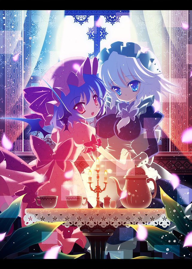 goriyaku, izayoi sakuya, remilia scarlet, touhou, 2girls, backlighting, bat wings, blue eyes, blue hair, braid, breasts, candelabra, candle, candlestand, couple, female focus, holding hands, large breasts, leaf, letterboxed, maid, multiple girls, plant, red eyes, short hair, table, tea set, teapot, twin braids, white hair, wings