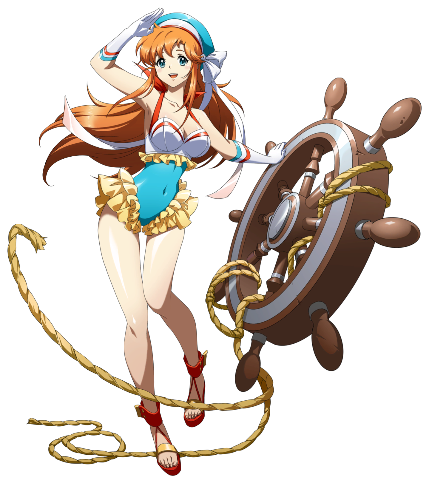 chris (langrisser), langrisser, langrisser i, langrisser mobile, game cg, highres, official art, second-party source, 1girl, :d, armpits, bare shoulders, blue eyes, blue hat, blue one-piece swimsuit, breasts, casual one-piece swimsuit, cleavage, collarbone, covered navel, elbow gloves, floating, floating hair, floating object, frilled one-piece swimsuit, frills, full body, gloves, hand up, hat, hat ribbon, holding, leg up, legs, long hair, long sidelocks, looking at viewer, medium breasts, multicolored one-piece swimsuit, official alternate costume, one-piece swimsuit, open mouth, orange hair, platform sandals, red sandals, red shoes, ribbon, rope, sailor hat, sandals, shiny skin, ship's wheel, shoes, sidelocks, simple background, sleeveless, smile, solo, standing, standing on one leg, swimsuit, tachi-e, toes, transparent background, very long hair, white gloves, white one-piece swimsuit, white ribbon