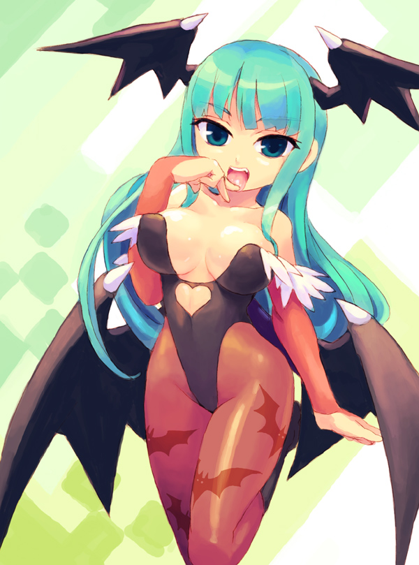 chingisu, morrigan aensland, capcom, darkstalkers, bad id, bad pixiv id, 1girl, animal print, aqua hair, bat print, breasts, cleavage, female focus, green eyes, head wings, hip focus, large breasts, long hair, pantyhose, print pantyhose, solo, tongue, wide hips, wings