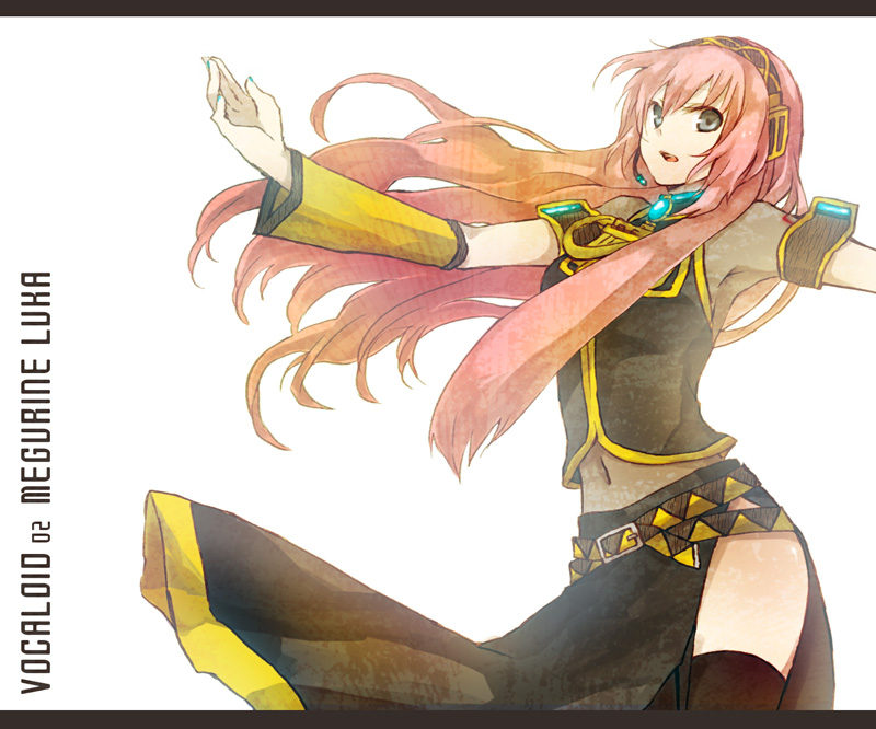buzz (moi), megurine luka, vocaloid, bad id, bad pixiv id, 1girl, armpits, belt, black eyes, black skirt, detached sleeves, female focus, headphones, long hair, long skirt, midriff, pink hair, skirt, solo, thighhighs