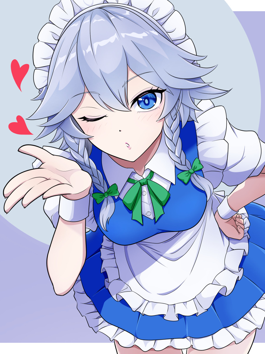 kisaragi koushi, izayoi sakuya, touhou, commentary request, duplicate, highres, pixel-perfect duplicate, 1girl, apron, blowing kiss, blue eyes, bow, braid, breasts, collared dress, dress, frilled apron, frilled dress, frills, green bow, green ribbon, grey hair, hair bow, hand on own hip, heart, leaning forward, maid, maid apron, maid headdress, multiple hair bows, one eye closed, ribbon, short hair, solo, twin braids, waist apron, white wrist cuffs, wrist cuffs