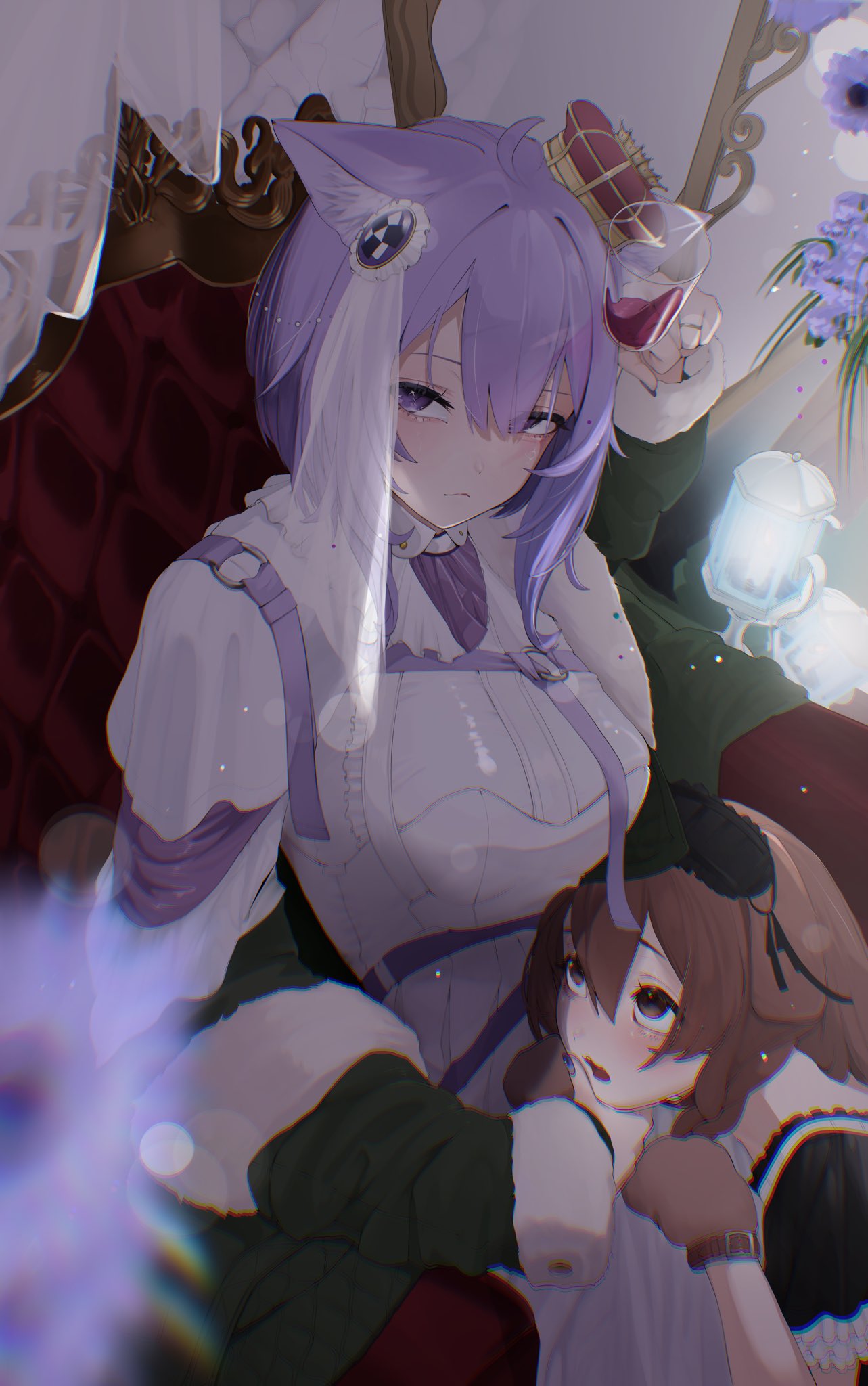 edge ill, inugami korone, nekomata okayu, hololive, hashtag-only commentary, highres, 2girls, ahoge, alcohol, animal ear fluff, animal ears, blurry, blurry foreground, breasts, brown eyes, brown hair, cat ears, cat girl, closed mouth, crown, cup, dog ears, dog girl, double-parted bangs, dress, drinking glass, green jacket, hair between eyes, hair ornament, hand on another's chin, jacket, jacket partially removed, jewelry, long sleeves, looking at another, looking at viewer, medium breasts, medium hair, mini crown, multiple girls, open mouth, purple eyes, purple hair, ring, sitting, solo focus, virtual youtuber, white dress, wine, wine glass