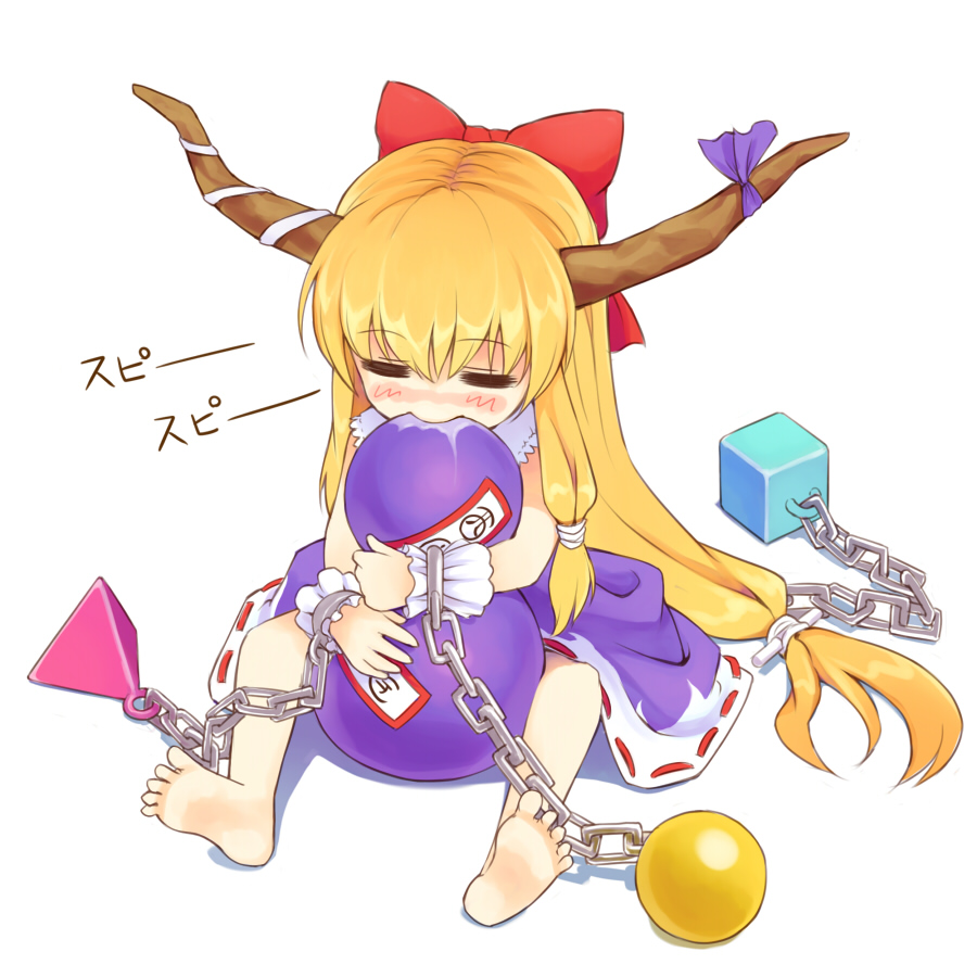 urue, ibuki suika, touhou, 1girl, = =, barefoot, blonde hair, blush, closed eyes, drunk, feet, female focus, horns, long hair, saliva, sitting, sleeping, soles, solo