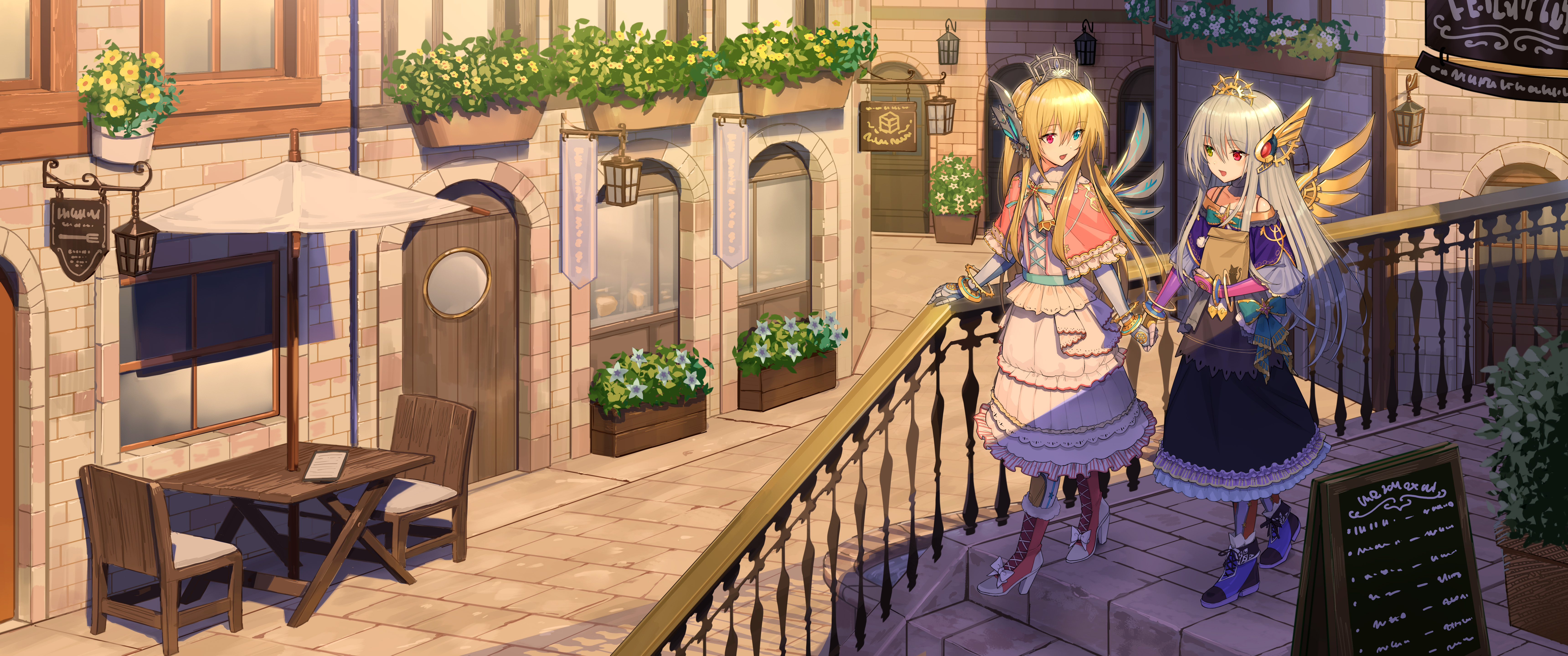 mytea (soso), mahou tsukai to kuroneko no wiz, absurdres, commission, highres, skeb commission, 2girls, ai (mahou tsukai to kuroneko no wiz), black dress, blonde hair, blue eyes, blue shoes, boots, bow, bush, capelet, chair, dress, green eyes, grey hair, hair ornament, heterochromia, holding hands, long hair, looking at another, mechanical wings, multiple girls, open mouth, pink boots, pink capelet, pink eyes, purple capelet, shoes, table, tiara, tile floor, tiles, white dress, wings, wooden chair, wooden table