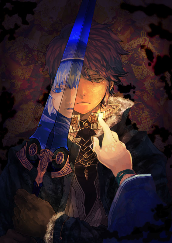 tetsuo (watson), tetsuo satoshi, original, 1boy, 1girl, bracelet, buckle, chain, closed mouth, frown, fur trim, gloves, glowing, hairband, holding, holding sword, holding weapon, jacket, jewelry, long sleeves, looking at viewer, necklace, out of frame, parted lips, pendant, pointing, red hair, reflection, ring, short hair, solo focus, sword, unzipped, upper body, weapon, white hair