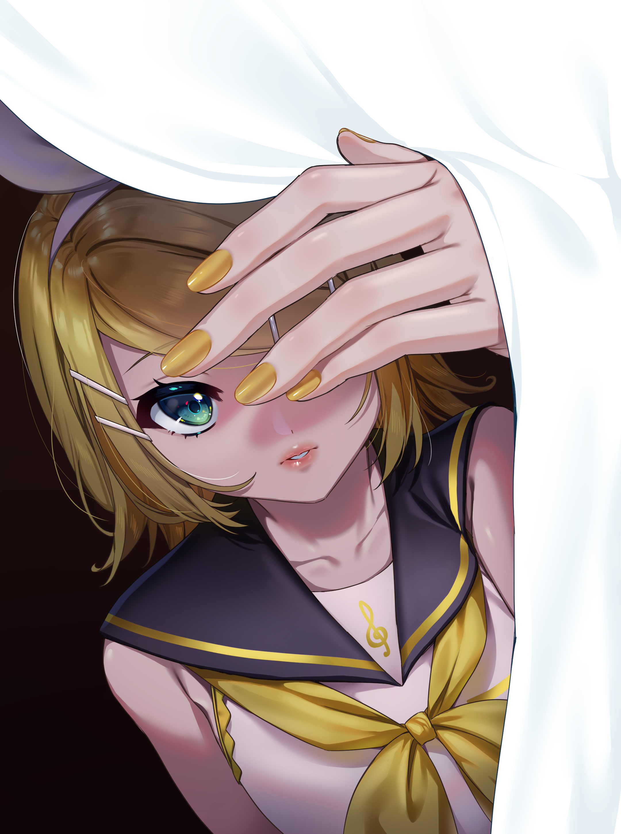 inu8neko, kagamine rin, vocaloid, absurdres, highres, 1girl, aqua eyes, arm up, bare shoulders, black sailor collar, blonde hair, collarbone, curtains, fingernails, from above, hair ornament, hair ribbon, hairband, hairclip, long fingernails, looking at viewer, looking up, medium hair, nail polish, neckerchief, opening curtains, parted lips, ribbon, sailor collar, school uniform, serafuku, shirt, sleeveless, sleeveless shirt, solo, swept bangs, treble clef, white hairband, white ribbon, white shirt, yellow nails, yellow neckerchief