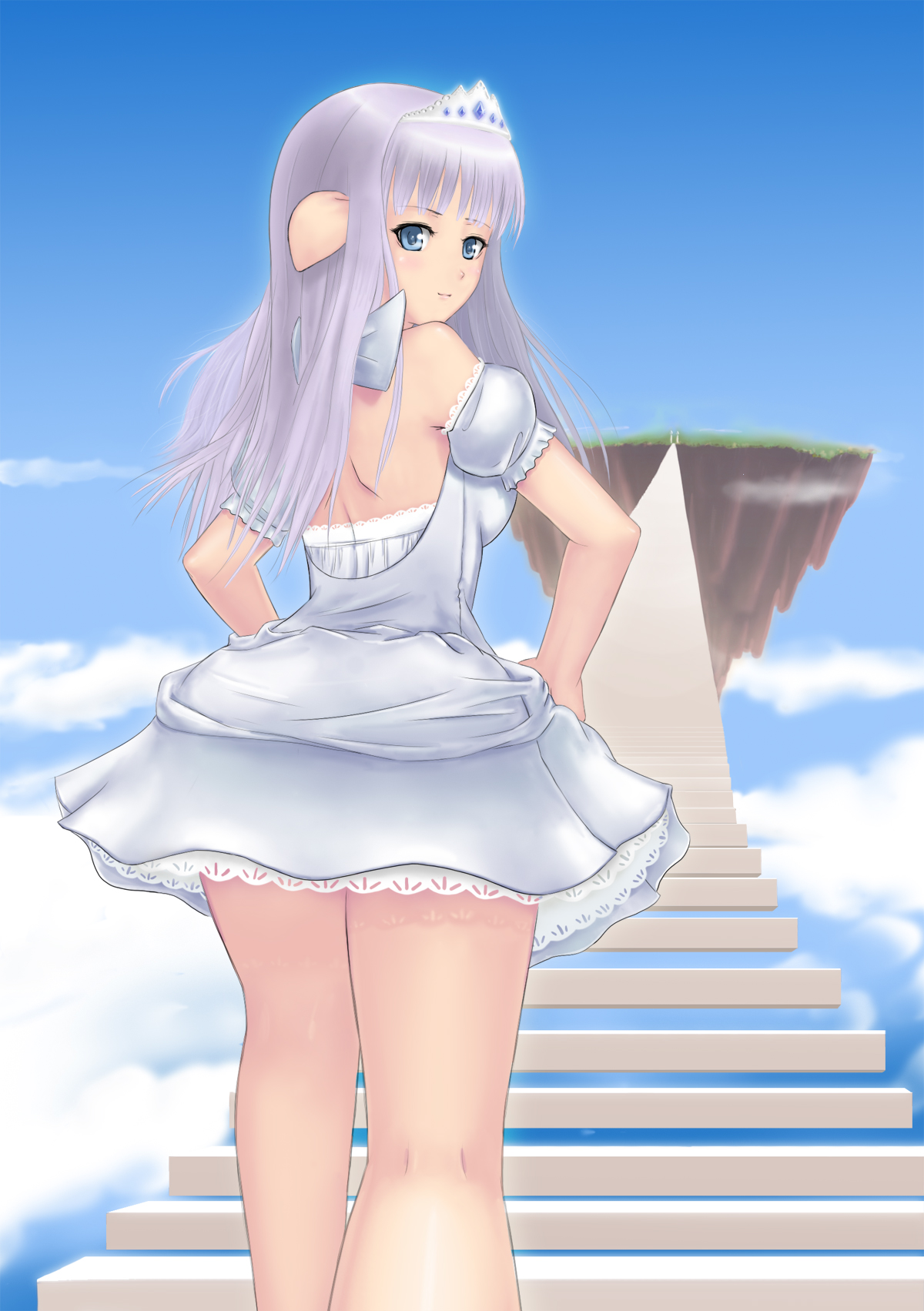 akai yami, yami (pixiv163439), highres, 1girl, animal ears, blue eyes, blush, day, dress, female focus, long hair, looking back, sky, solo, stairs