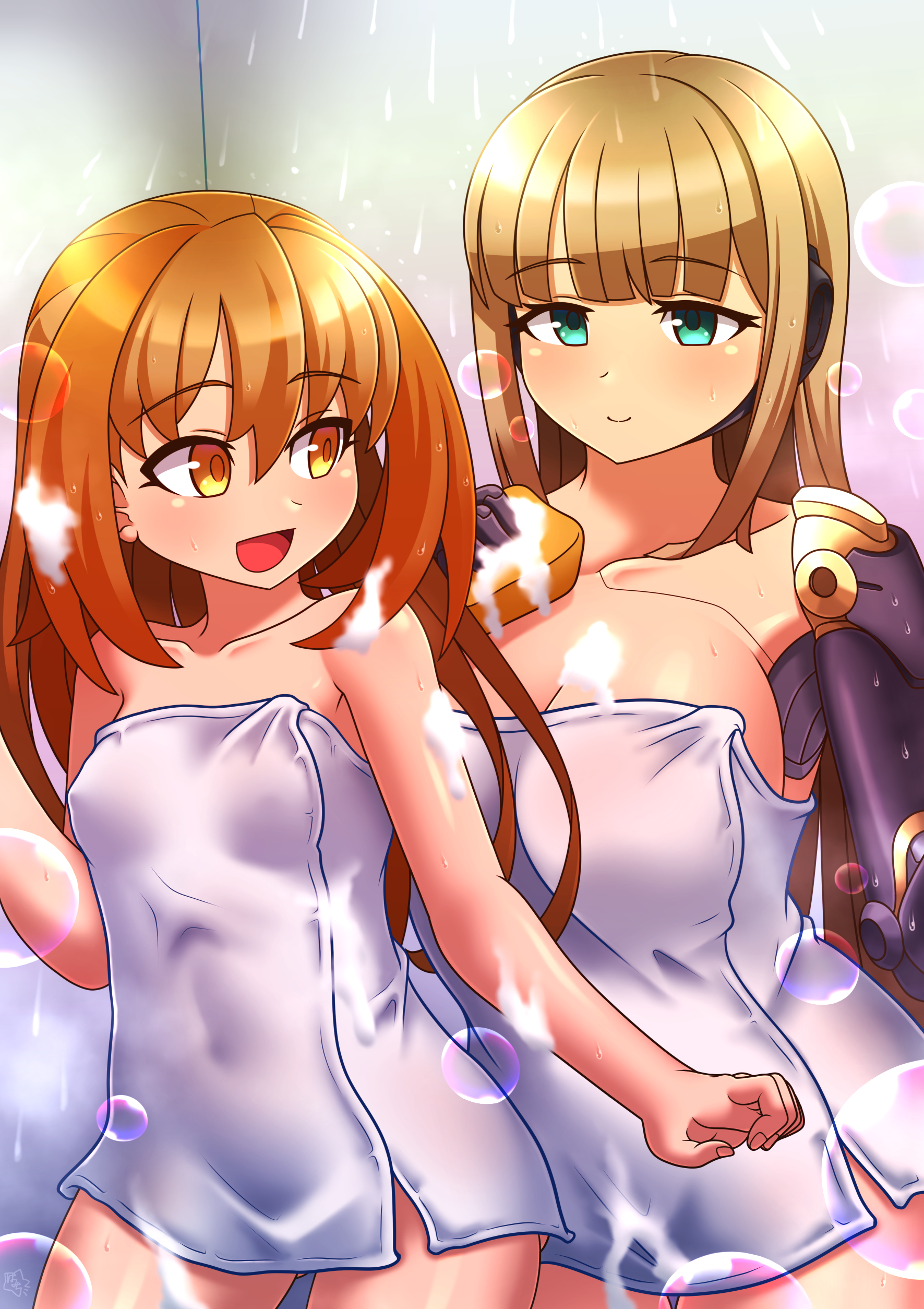 magonzuhamiti, kohaku (gunvolt), null (gunvolt), azure striker gunvolt, gunvolt chronicles luminous avenger ix, 2girls, blonde hair, breasts, brown hair, bubble, green eyes, gynoid, large breasts, long hair, multiple girls, showering, small breasts, towel, yellow eyes