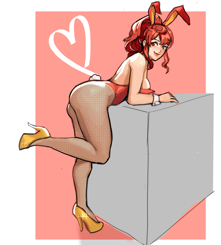sunbeam (artist), anna (fire emblem), fire emblem, nintendo, 1girl, ass, breasts, butt crack, heart, high heels, leaning on table, light rays, looking back, playboy bunny, ponytail, rabbit ears, red eyes, red hair, sideboob, simple background, solo