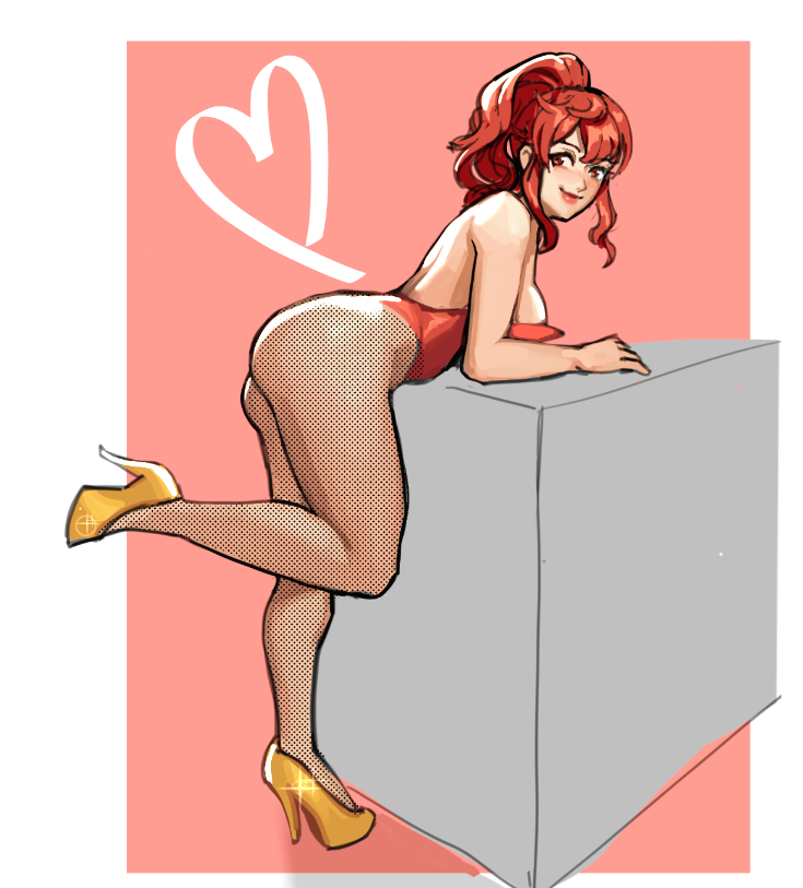 sunbeam (artist), anna (fire emblem), fire emblem, nintendo, 1girl, ass, breasts, butt crack, heart, high heels, leaning on table, light rays, looking back, playboy bunny, ponytail, red eyes, red hair, sideboob, simple background, solo