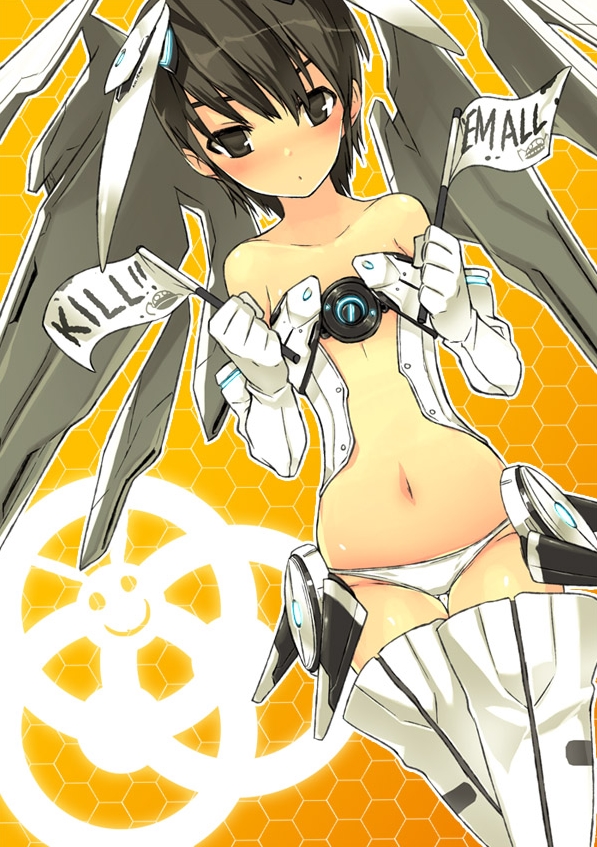 ress, original, blush, brown hair, flat chest, lowleg, lowleg panties, mecha musume, panties, short hair, solo, thighhighs, underwear