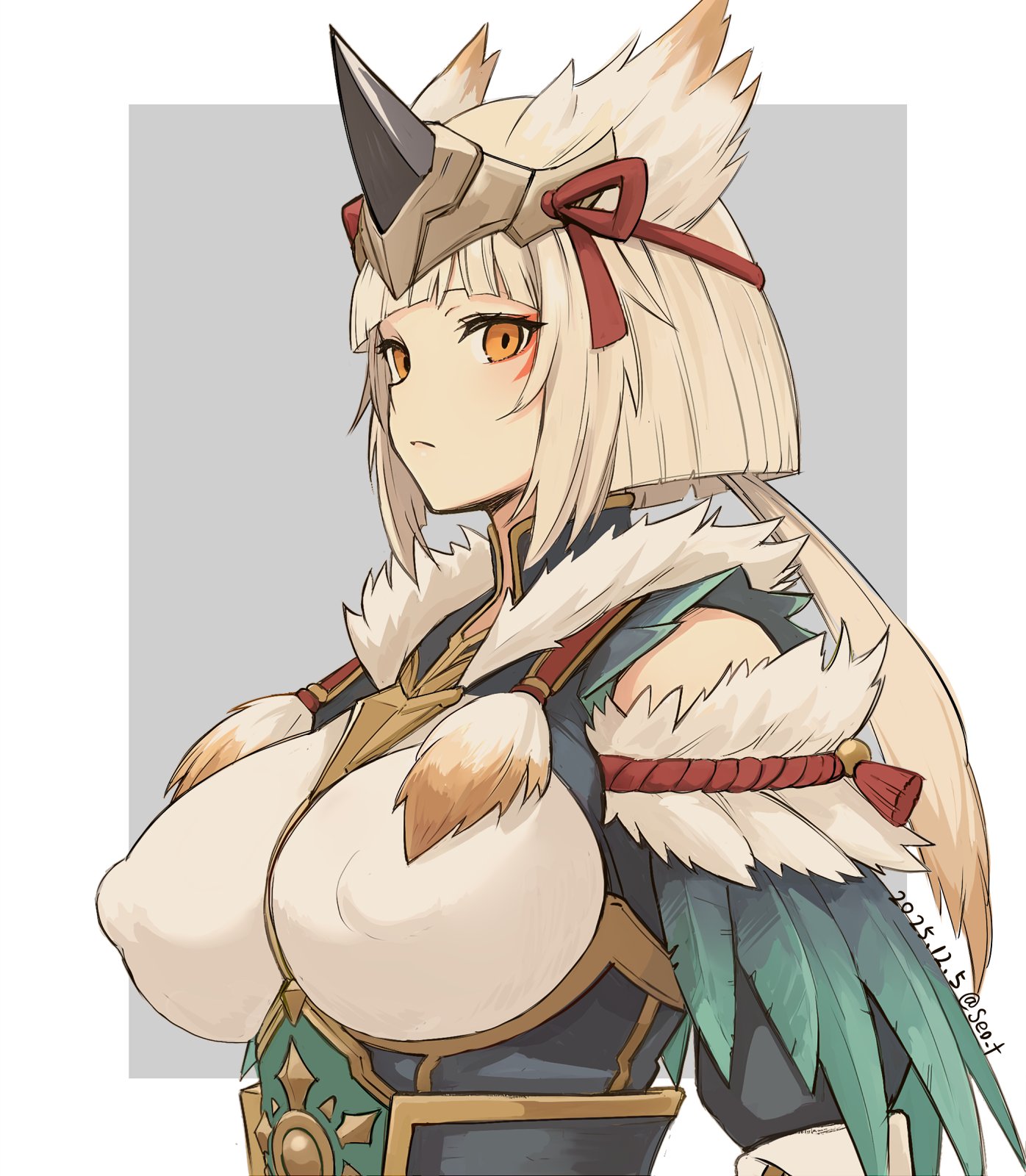 seo tatsuya, monster hunter (series), character request, commentary request, highres, 1girl, bishaten (armor), blonde hair, bob cut, breasts, closed mouth, covered erect nipples, dated, grey background, large breasts, long hair, looking at viewer, orange eyes, ponytail, short hair, solo, twitter username, two-tone background, upper body, white background
