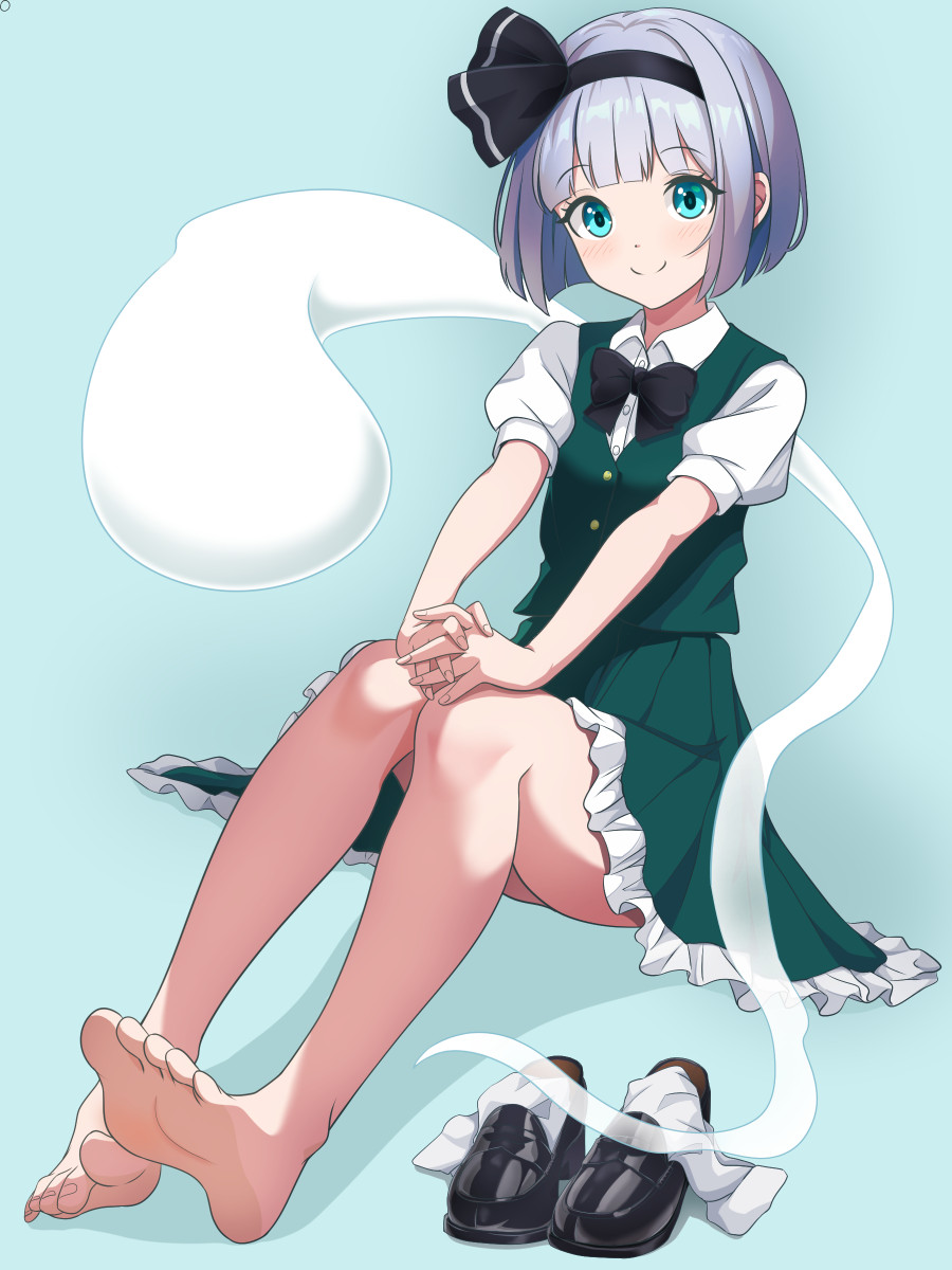 kisaragi koushi, konpaku youmu, konpaku youmu (ghost), touhou, commentary request, duplicate, highres, pixel-perfect duplicate, 1girl, aqua background, bare legs, barefoot, black bow, black bowtie, black hairband, black ribbon, black shoes, blue background, blue eyes, blunt bangs, blunt ends, bob cut, bow, bowtie, c:, closed mouth, collared shirt, feet, frilled skirt, frills, full body, green skirt, green vest, grey hair, hairband, hand on own knee, happy, interlocked fingers, knees up, loafers, looking at viewer, own hands together, puffy short sleeves, puffy sleeves, ribbon, shirt, shoes, short hair, short sleeves, simple background, sitting, skirt, smile, socks, soles, solo, split mouth, toes, unworn shoes, unworn socks, v arms, vest, white shirt, white socks