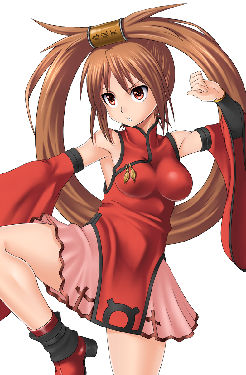 orochi itto, kuradoberi jam, arc system works, guilty gear, bad id, bad pixiv id, highres, 1girl, brown hair, china dress, chinese clothes, dress, female focus, hair rings, long hair, red eyes, single hair ring, skirt, solo