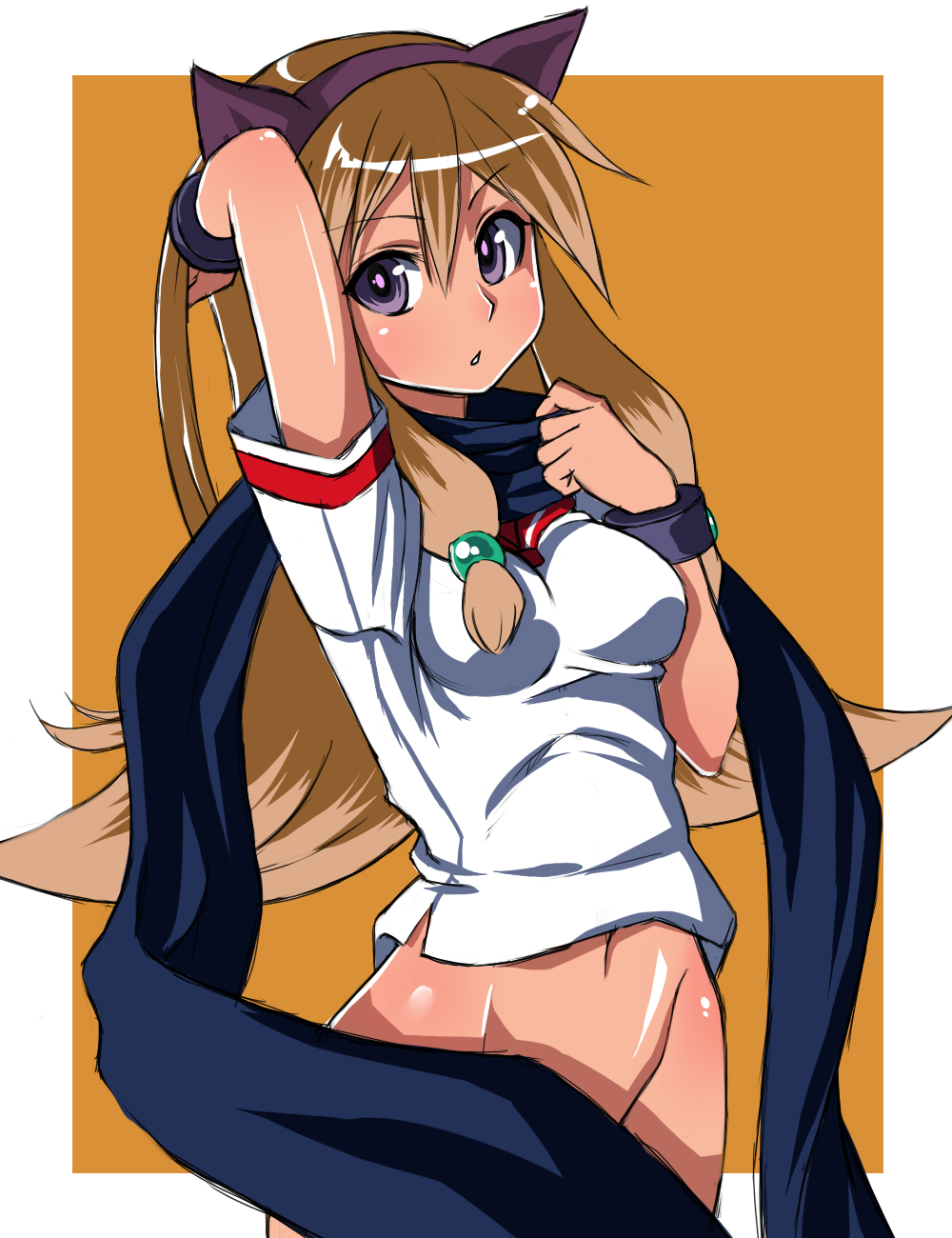 orochi itto, inuwaka akane, aq interactive, arcana heart, arcana heart 2, atlus, examu, bad id, bad pixiv id, highres, 1girl, adjusting hair, animal ears, arm up, bottomless, bracelet, brown hair, cat ears, female focus, groin, hair ornament, hairband, jewelry, long hair, navel, purple eyes, scarf, solo, very long hair