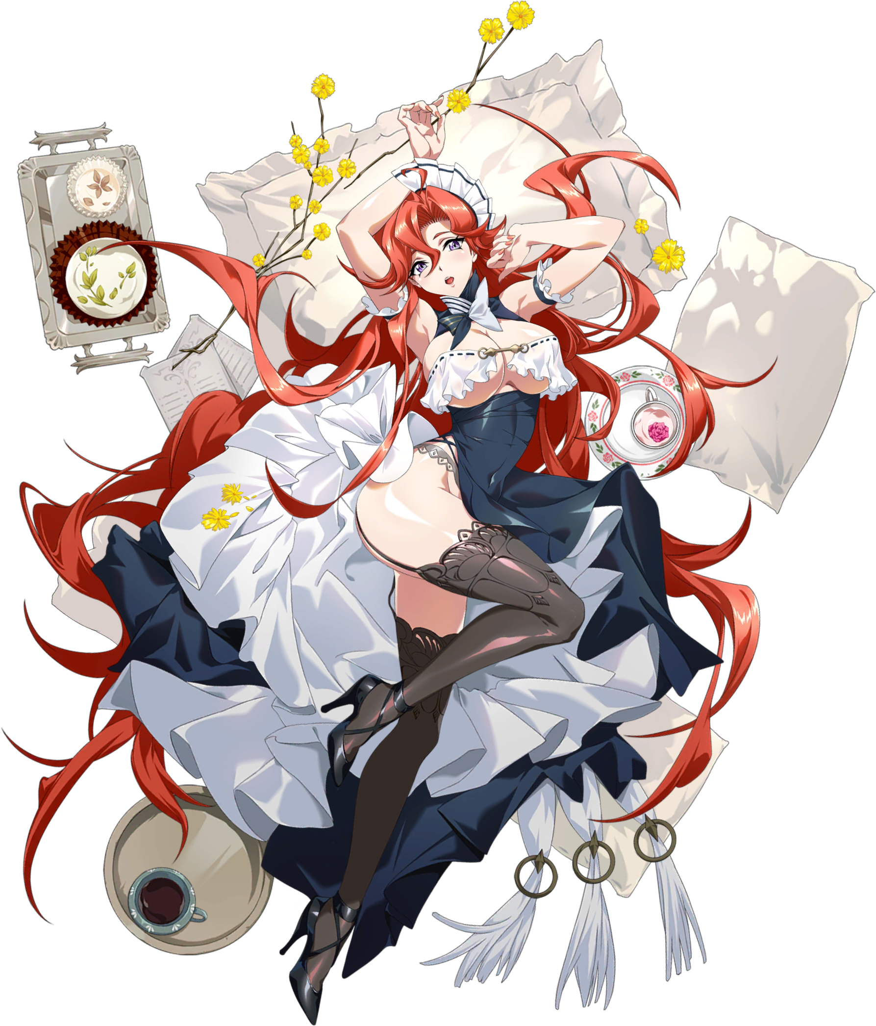 langrisser, langrisser mobile, game cg, highres, official art, second-party source, 1girl, alternate costume, arm above head, arm garter, armpits, arms up, ass, bare shoulders, black dress, black garter straps, black ribbon, black shoes, black thighhighs, bowl, branch, breast cutout, breasts, celica (langrisser), cleavage, come hither, covered navel, cup, curtained hair, dress, enmaided, fingernails, flower, food, frills, full body, garter belt, garter straps, hair between eyes, hair spread out, head on pillow, high heels, large breasts, layered dress, long hair, looking at viewer, lying, maid, maid headdress, nail polish, neck ribbon, no panties, official alternate costume, on back, on side, open mouth, pillow, plate, porcelain, pumps, red hair, red nails, revealing clothes, ribbon, shiny skin, shoes, side slit, simple background, solo, soup, tachi-e, tea, teacup, thighhighs, thighs, transparent background, tray, unconventional maid, underboob, very long hair, white dress, white ribbon, yellow flower