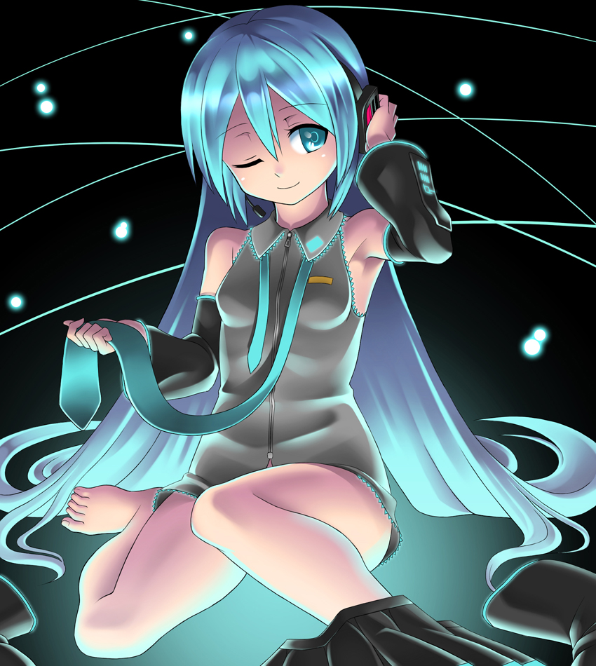 orochi itto, hatsune miku, vocaloid, bad id, bad pixiv id, 1girl, aqua eyes, aqua hair, armpits, bare shoulders, barefoot, bottomless, breasts, female focus, hair down, headphones, long hair, necktie, one eye closed, skirt, solo, twintails, undressing, wink, zipper