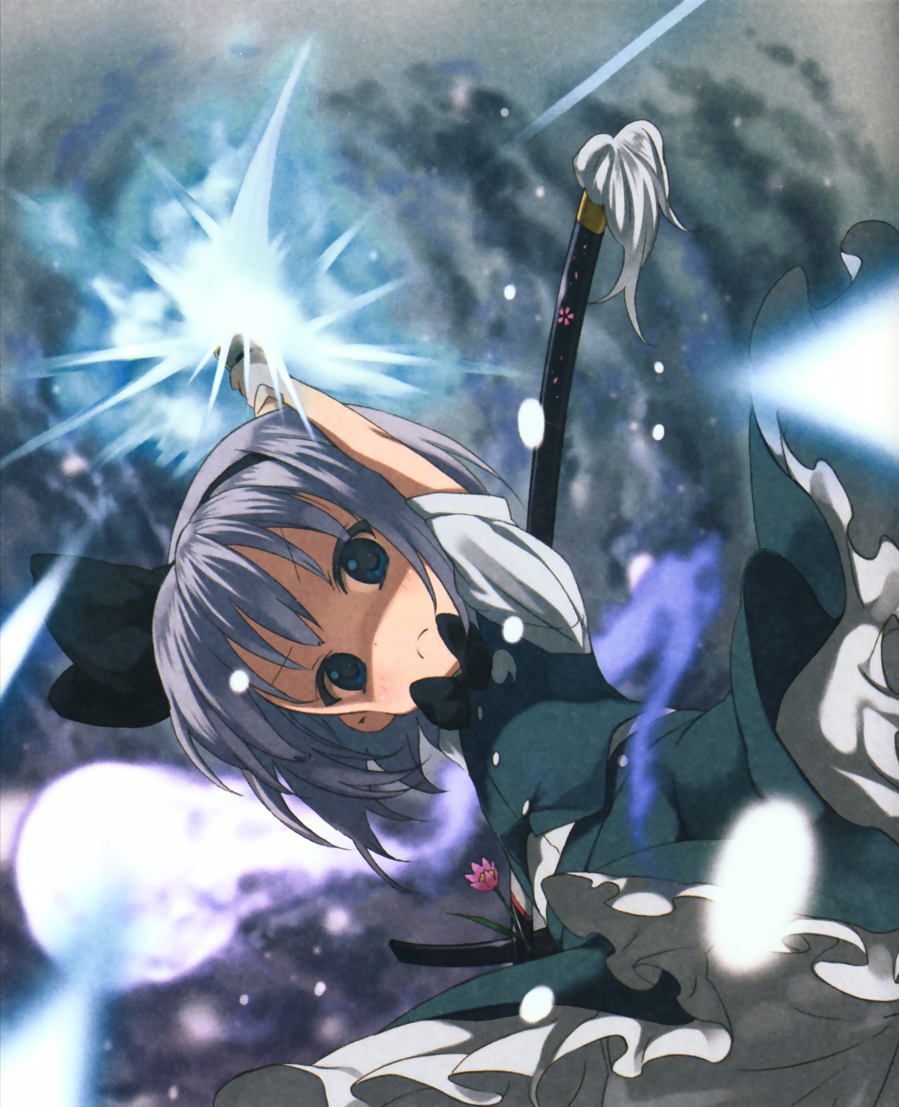 moriki takeshi, konpaku youmu, konpaku youmu (ghost), touhou, silver hair, absurdres, highres, official art, 1girl, blue eyes, female focus, ghost, hairband, hitodama, katana, short hair, solo, sword, weapon