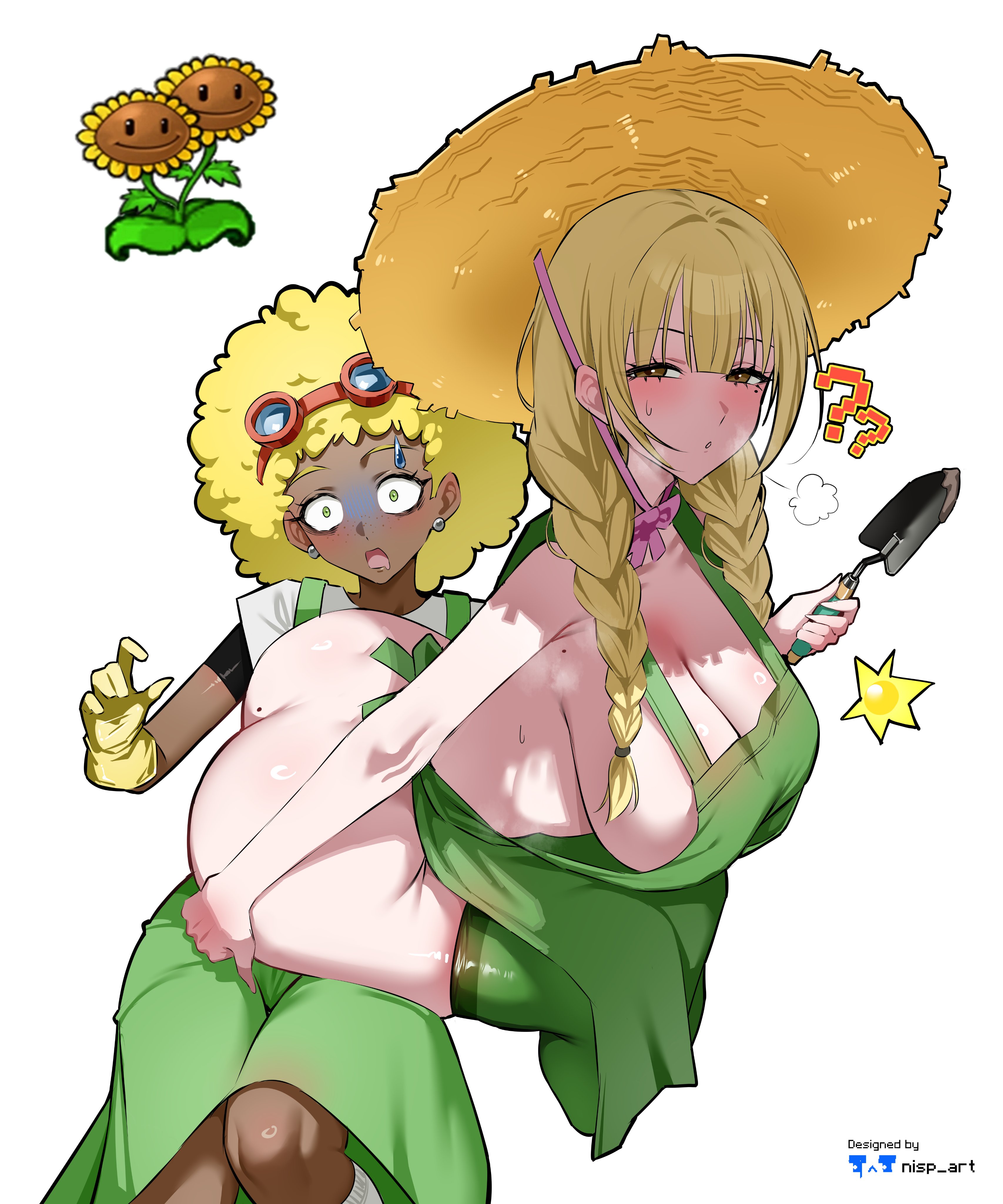 nisp art, sunflower (plants vs. zombies), plants vs. zombies, absurdres, highres, 2girls, ?, afro, apron, ass, bare shoulders, blonde hair, braid, breasts, cleavage, dark-skinned female, dark skin, eyewear on head, gloves, green apron, green skirt, green thighhighs, hat, holding, holding shovel, large breasts, long hair, mole, mole on armpit, mole on ass, mole under eye, multiple girls, multiple moles, naked apron, nervous, nervous sweating, open mouth, scared, shaded face, shovel, side braid, sideboob, simple background, single braid, sitting, sitting on person, skirt, sweat, thighhighs, turn pale, white background, yellow gloves