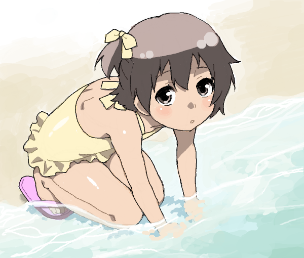 mattaku mousuke, original, 1girl, beach, casual one-piece swimsuit, child, female focus, flip-flops, one-piece swimsuit, sandals, side ponytail, solo, swimsuit