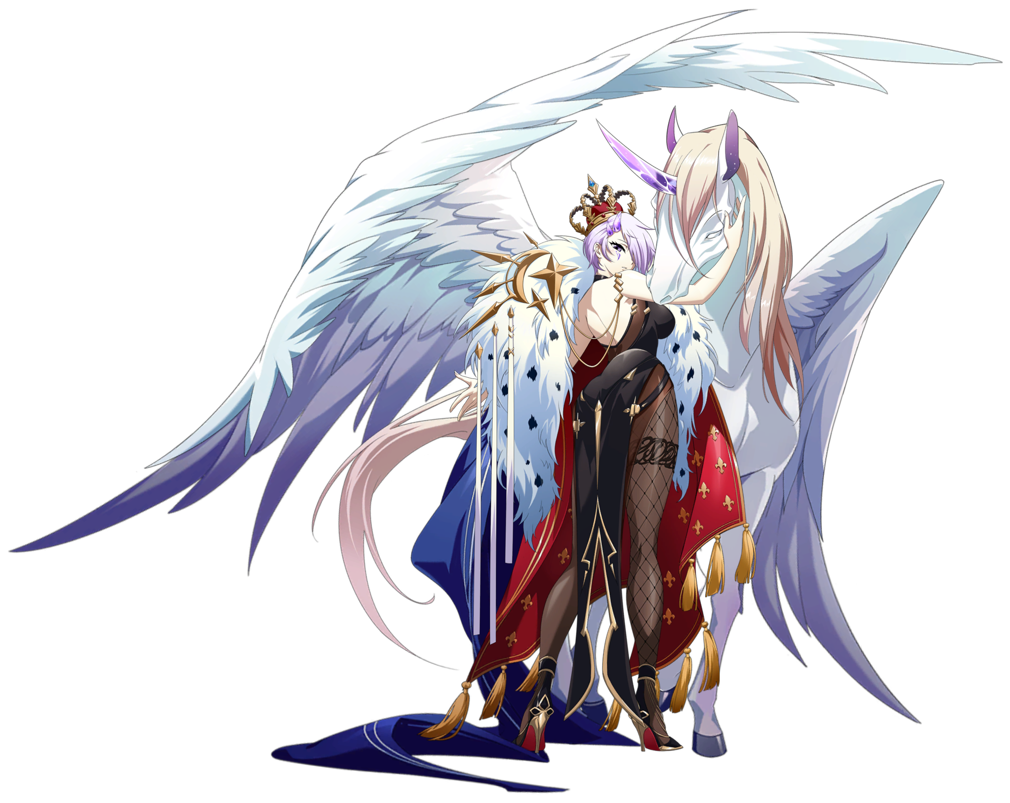 alpha (langrisser), langrisser, langrisser mobile, black gown, absurdres, game cg, highres, official art, second-party source, 1girl, animal, ass, asymmetrical legwear, back, backless dress, backless outfit, bare arms, bare back, bare shoulders, black dress, black pantyhose, black shoes, blue cape, breasts, cape, crown, crystal, crystallization, dress, evening gown, facial mark, feathered wings, fishnet pantyhose, fishnets, fleur-de-lis, formal clothes, from behind, full body, fur-trimmed cape, fur trim, gown, hair over one eye, high heels, hooves, horns, horse, legs, long bangs, looking at viewer, looking back, median furrow, medium breasts, official alternate costume, pantyhose, parted lips, pegasus, petting, pink hair, purple eyes, red cape, royal robe, shoes, short hair, simple background, single horn, sleeveless, sleeveless dress, solo focus, standing, tachi-e, tassel, thighband pantyhose, transparent background, two-sided cape, two-sided fabric, unicorn, unicorn horn, white wings, winged unicorn, wings