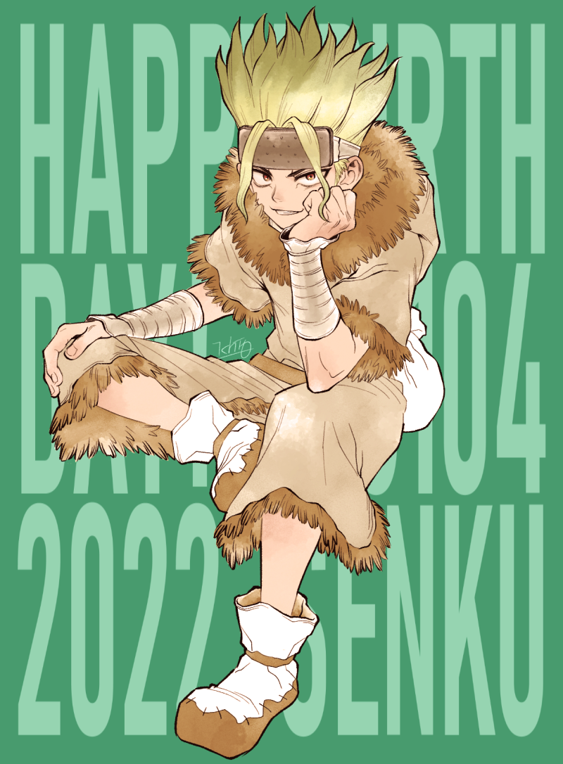 ninomae gin, ishigami senkuu, dr. stone, 1boy, 2022, arm wrap, bandaged arm, bandages, birthday, blonde hair, brown eyes, dated, english text, facial mark, full body, fur trim, green background, grin, hand on own face, hand on own knee, happy birthday, head rest, headband, invisible chair, legs apart, looking at viewer, male focus, red eyes, simple background, sitting, smile, smirk, solo, spiked hair, spread legs, teeth