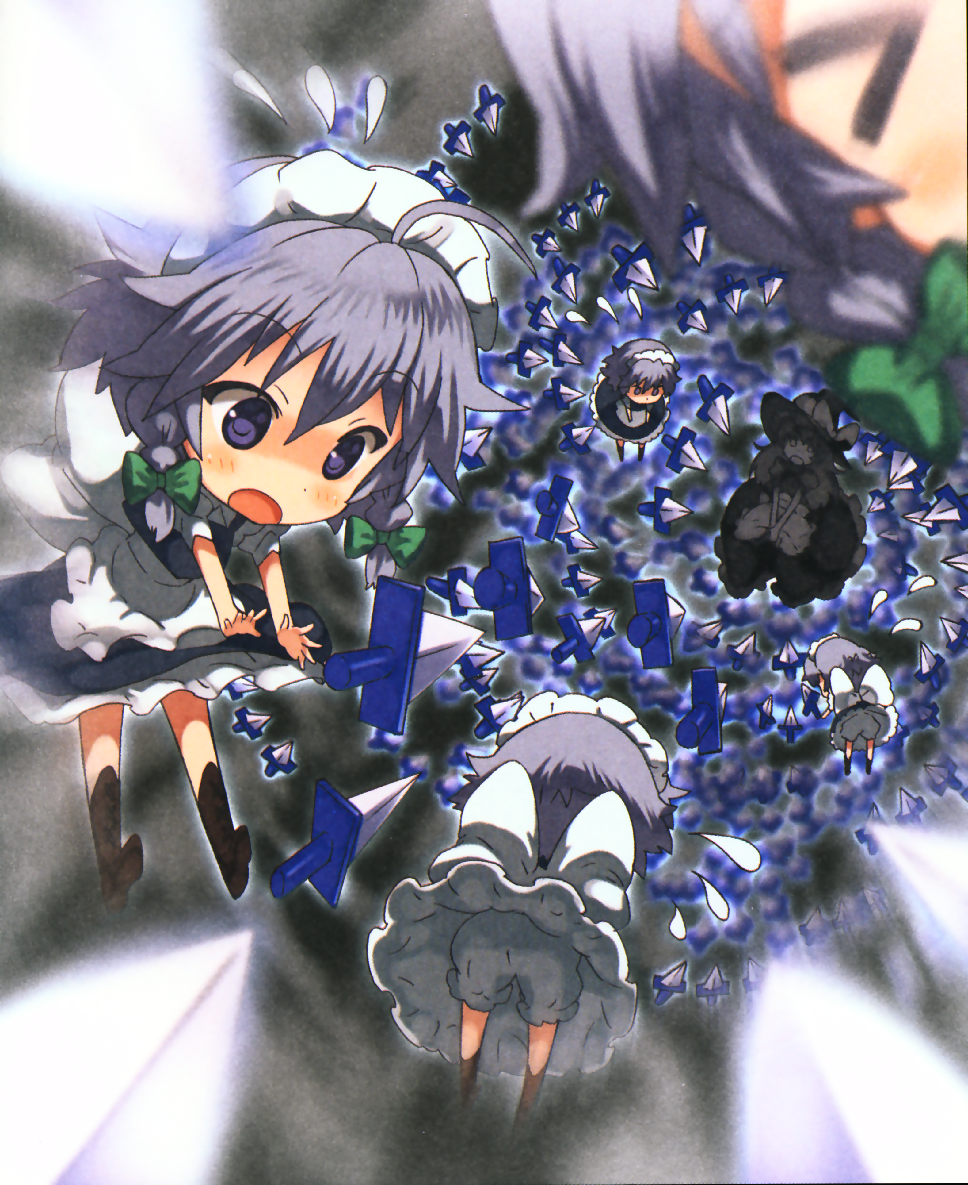 moriki takeshi, izayoi sakuya, kirisame marisa, touhou, silver hair, absurdres, highres, huge filesize, official art, > <, 6+girls, bloomers, blue eyes, braid, broom, chibi, clone, closed eyes, danmaku, female focus, flying sweatdrops, hat, knife, maid headdress, multiple girls, short hair, throwing knife, time stop, twin braids, underwear, weapon, witch, witch hat