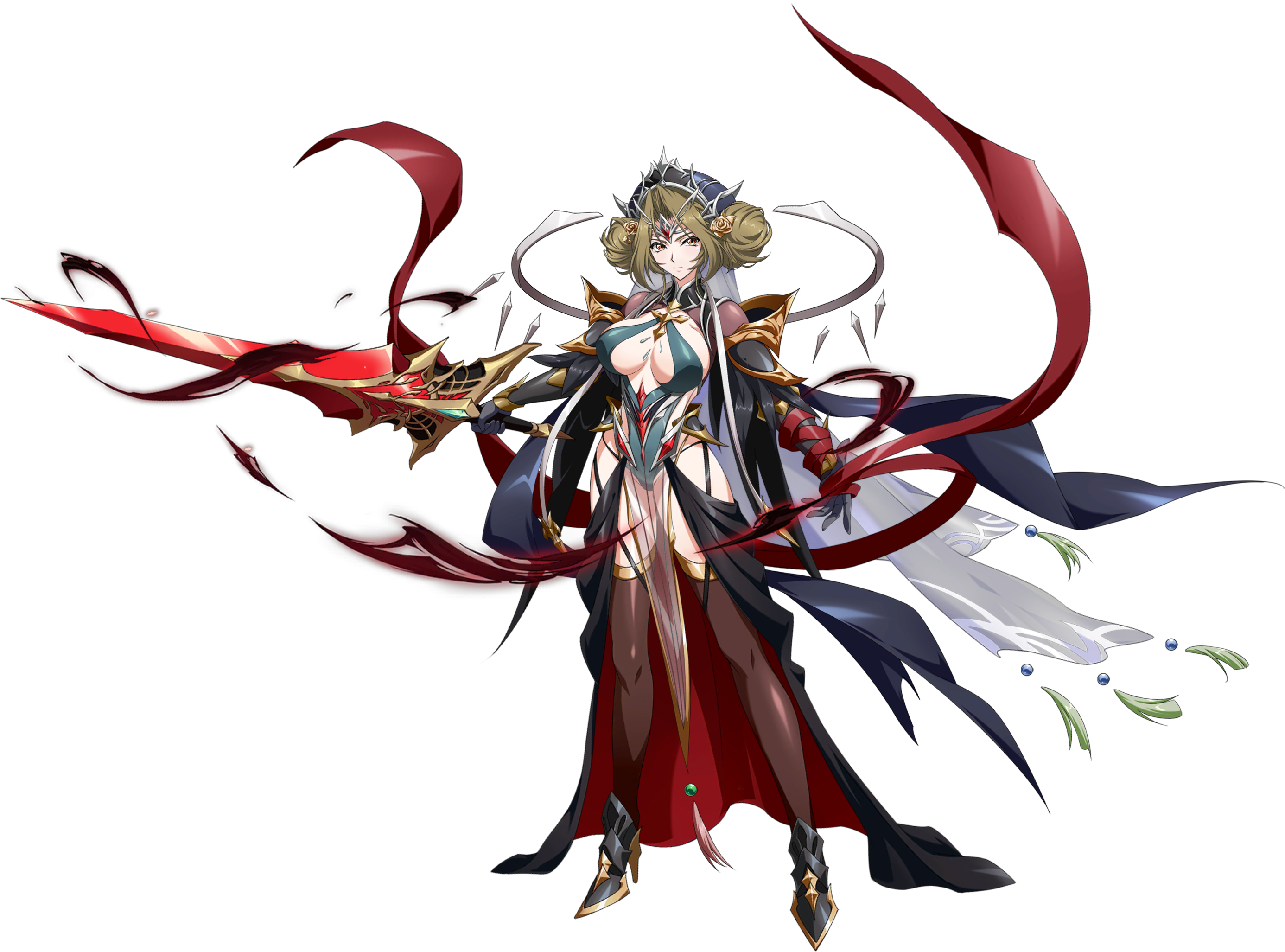 langrisser, langrisser millenium ws, langrisser mobile, game cg, highres, official art, second-party source, 1girl, armor, armored boots, aura, bandaged arm, bandages, bare hips, black cape, black gloves, black thighhighs, blonde hair, boots, breasts, cape, circlet, cleavage, closed mouth, clothing cutout, curtained hair, dark aura, detached collar, double bun, energy, faulds, floating, floating clothes, floating object, flower, full body, gem, gloves, gold flower, green leotard, hair bun, hair flower, hair ornament, high heel boots, high heels, hip vent, holding, holding sword, holding weapon, large breasts, leotard, long veil, looking at viewer, magic, outstretched arms, parted bangs, pauldrons, pelvic curtain, rapier (langrisser), red cape, red gemstone, revealing clothes, scowl, see-through clothes, see-through pelvic curtain, see-through sleeves, see-through veil, serious, shoulder armor, sideboob, simple background, solo, standing, sword, tachi-e, thighhighs, transparent background, two-sided cape, two-sided fabric, v-shaped eyebrows, vambraces, veil, waist cape, warrior, weapon, yellow eyes