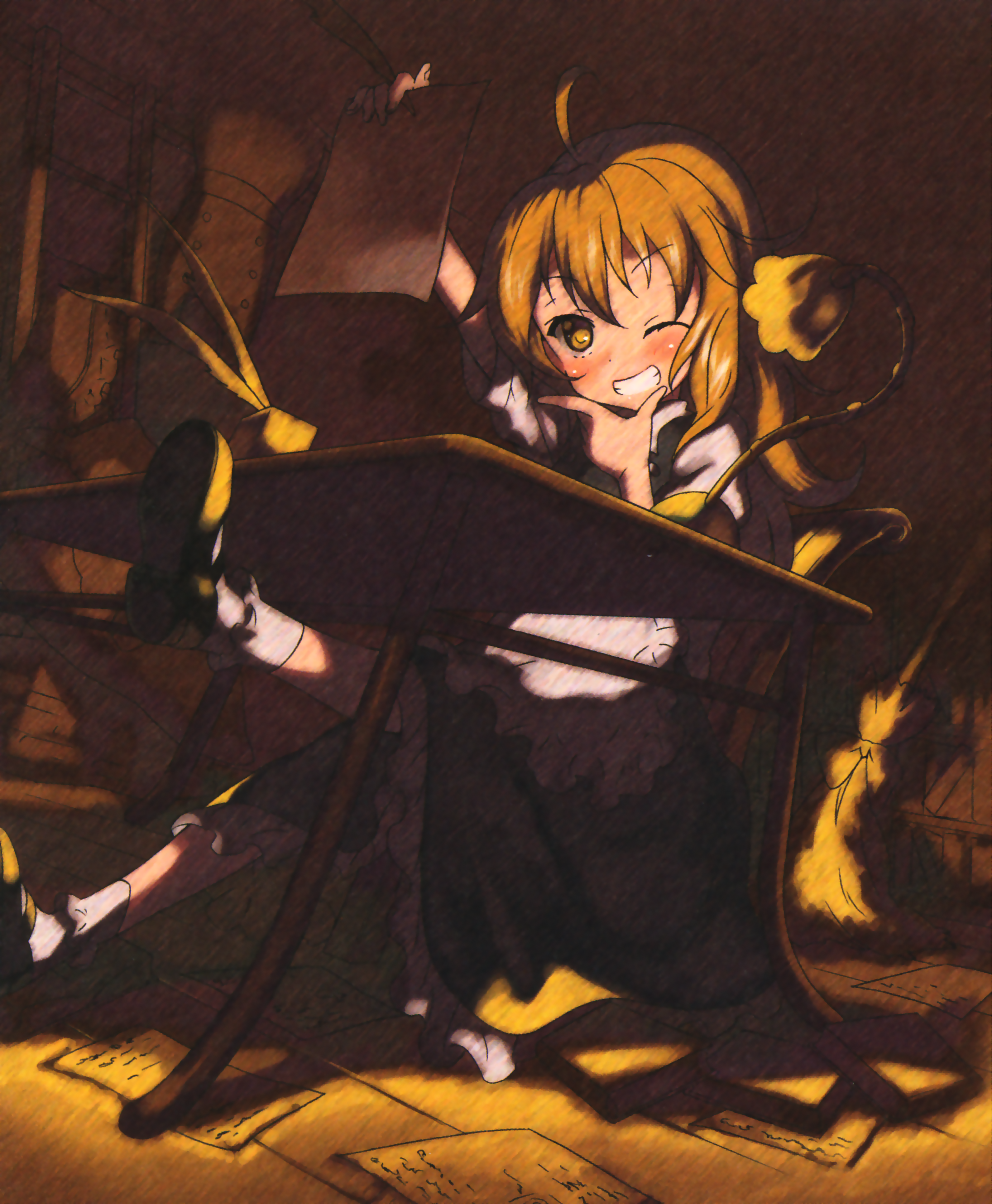 moriki takeshi, kirisame marisa, touhou, absurdres, highres, official art, 1girl, ahoge, blonde hair, female focus, grin, head rest, holding, lamp, no headwear, one eye closed, paper, quill, sitting, smile, solo, table, wink