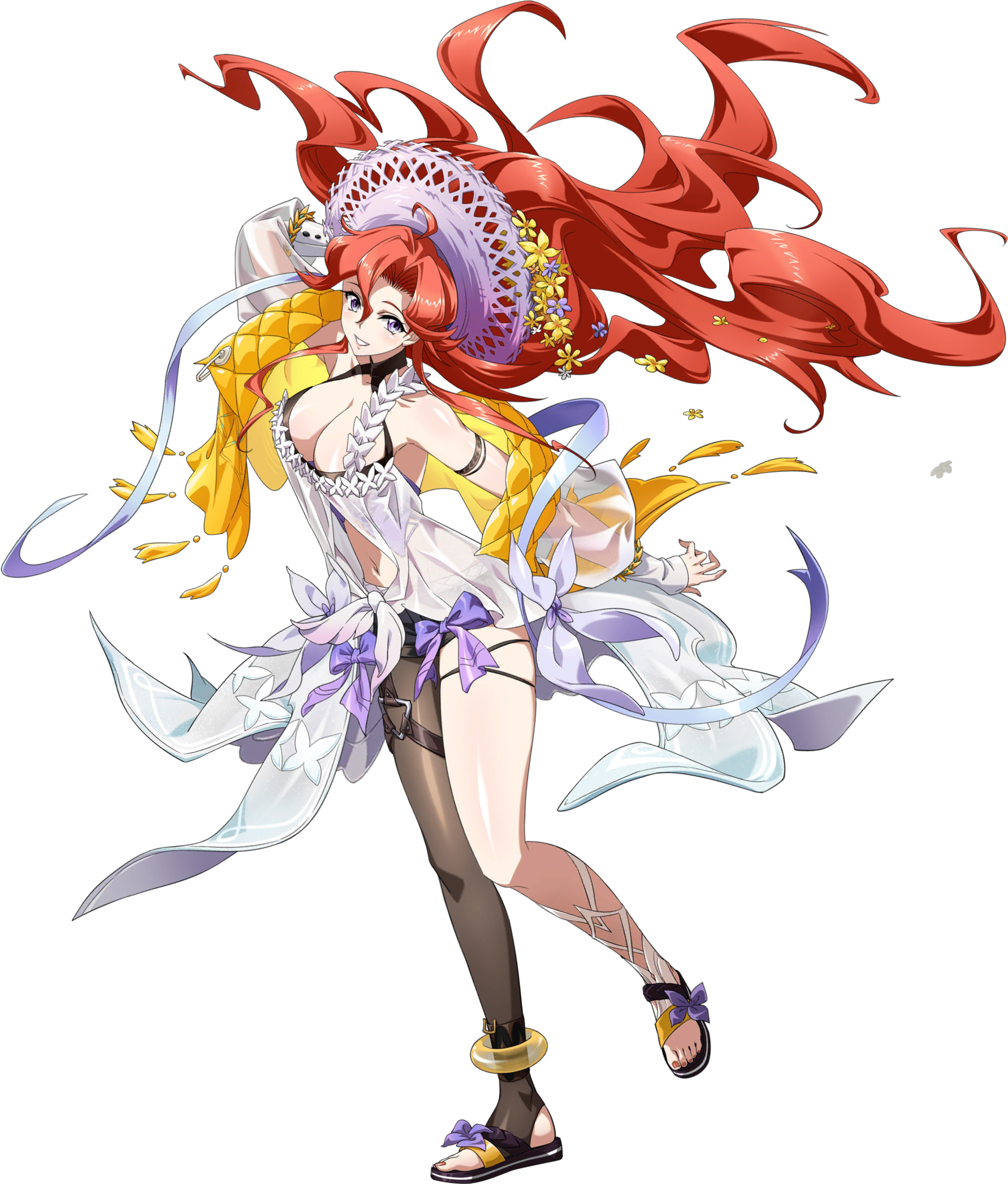 langrisser, langrisser mobile, game cg, highres, official art, second-party source, 1girl, ahoge, ankle ring, anklet, arm behind head, bare shoulders, black pantyhose, black sandals, black shorts, breasts, cape, celica (langrisser), cleavage, cleavage cutout, clothing cutout, collar, curtained hair, floating, floating clothes, floating hair, floral print, flower, full body, gold anklet, grin, hair flower, hair ornament, halterneck, hat, hat flower, jacket, jewelry, large breasts, leg up, legs, long hair, long sidelocks, looking at viewer, nail polish, navel, o-ring, o-ring thigh strap, official alternate costume, open clothes, open jacket, open mouth, pantyhose, parted bangs, purple eyes, purple flower, purple hat, purple ribbon, red hair, ribbon, sandals, see-through cape, see-through clothes, see-through shirt, see-through sleeves, shirt, short shorts, shorts, sidelocks, simple background, single leg pantyhose, smile, solo, standing, standing on one leg, stomach, straw hat, sun hat, tachi-e, thigh strap, toenail polish, toenails, toes, transparent background, very long hair, waist cape, waist ribbon, white shirt, yellow flower, yellow jacket