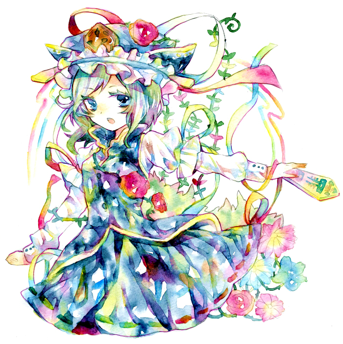 legomaru, shiki eiki, touhou, painting (medium), traditional media, watercolor (medium), 1girl, blue eyes, colorful, female focus, flower, green hair, hat, plant, rod of remorse, short hair, solo, standing, white background