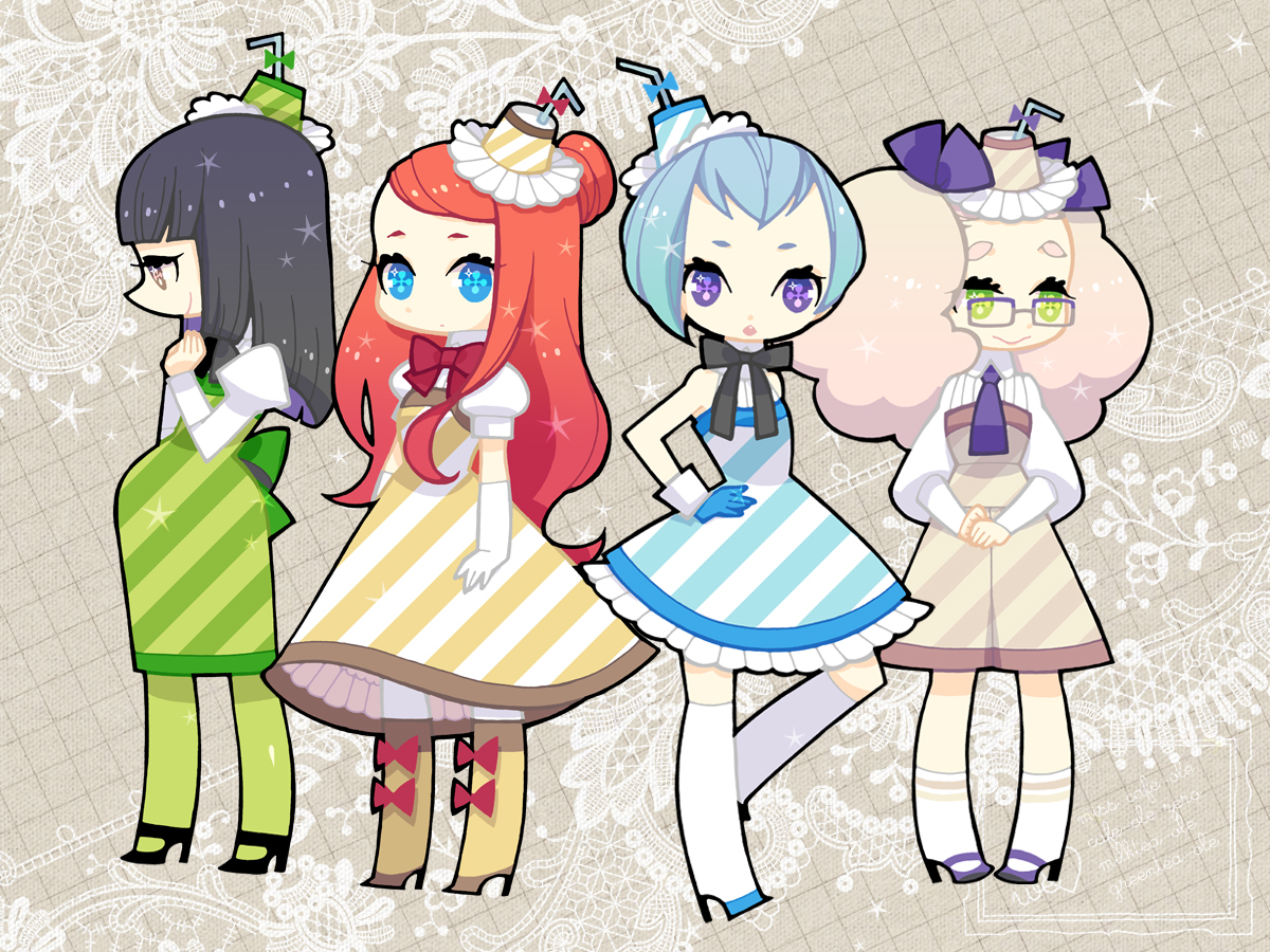 gozen4ji, gozen4ji (pixiv), + +, 4girls, dress, hat, high heels, matching outfits, multiple girls, pantyhose, shoes, thighhighs