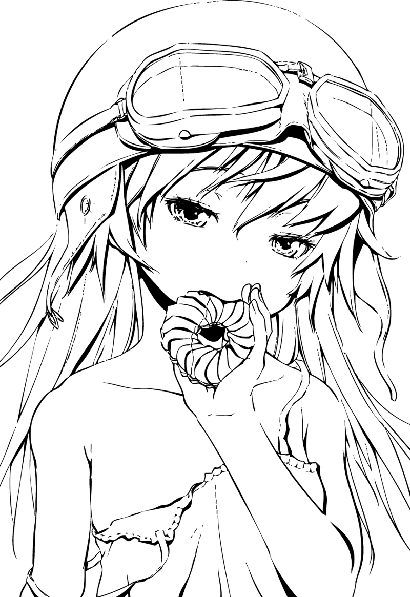 hanasaki, oshino shinobu, bakemonogatari, monogatari (series), 00s, 1girl, donut, female focus, food, goggles, greyscale, helmet, long hair, monochrome, solo, strap slip