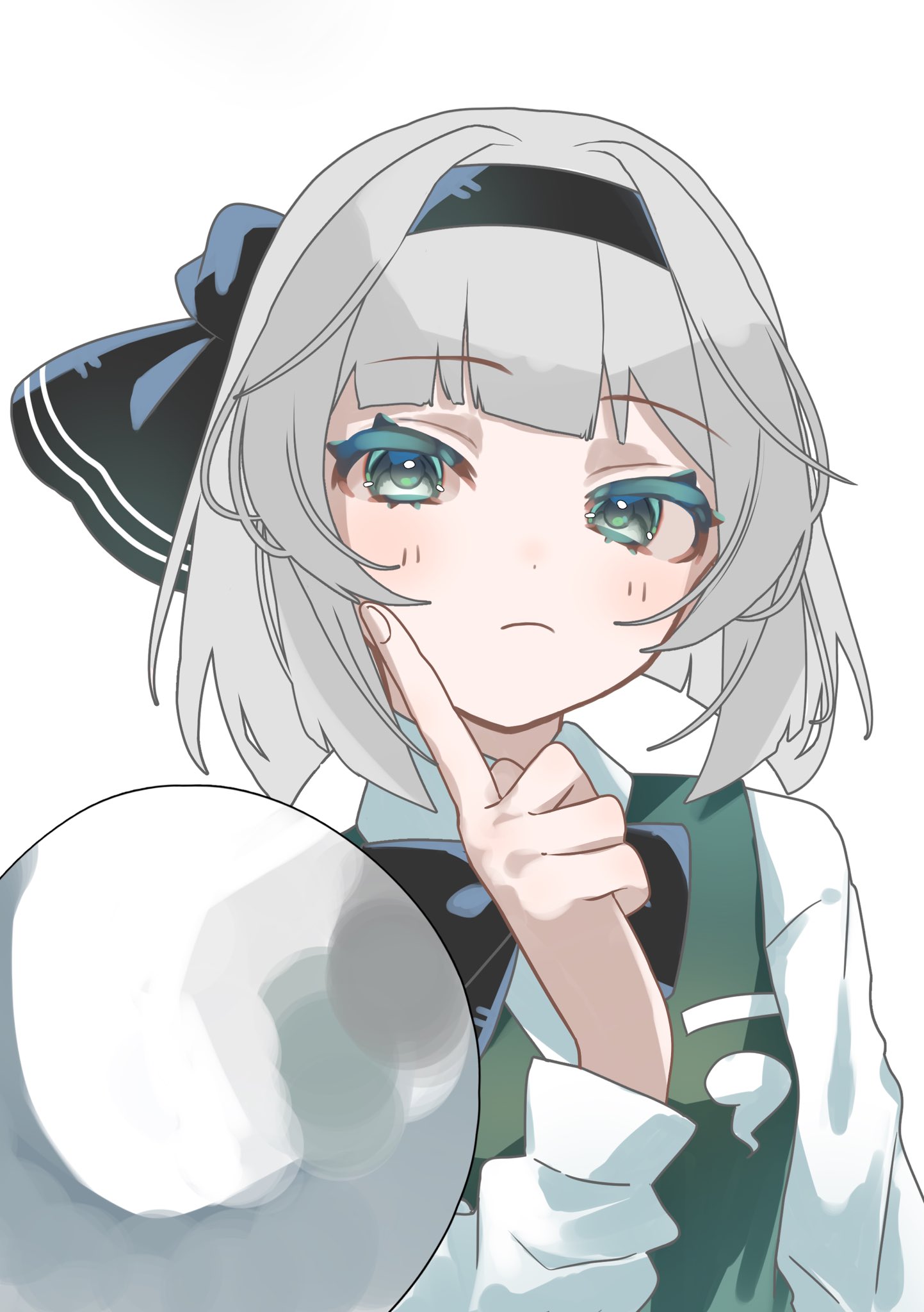 toppoppo1017, konpaku youmu, konpaku youmu (ghost), touhou, commentary request, highres, 1girl, black bow, black bowtie, blunt bangs, blush, bow, bowtie, expressionless, green vest, grey eyes, grey hair, hairband, hand up, index finger raised, long sleeves, looking at viewer, medium hair, shirt, solo, upper body, vest, white shirt