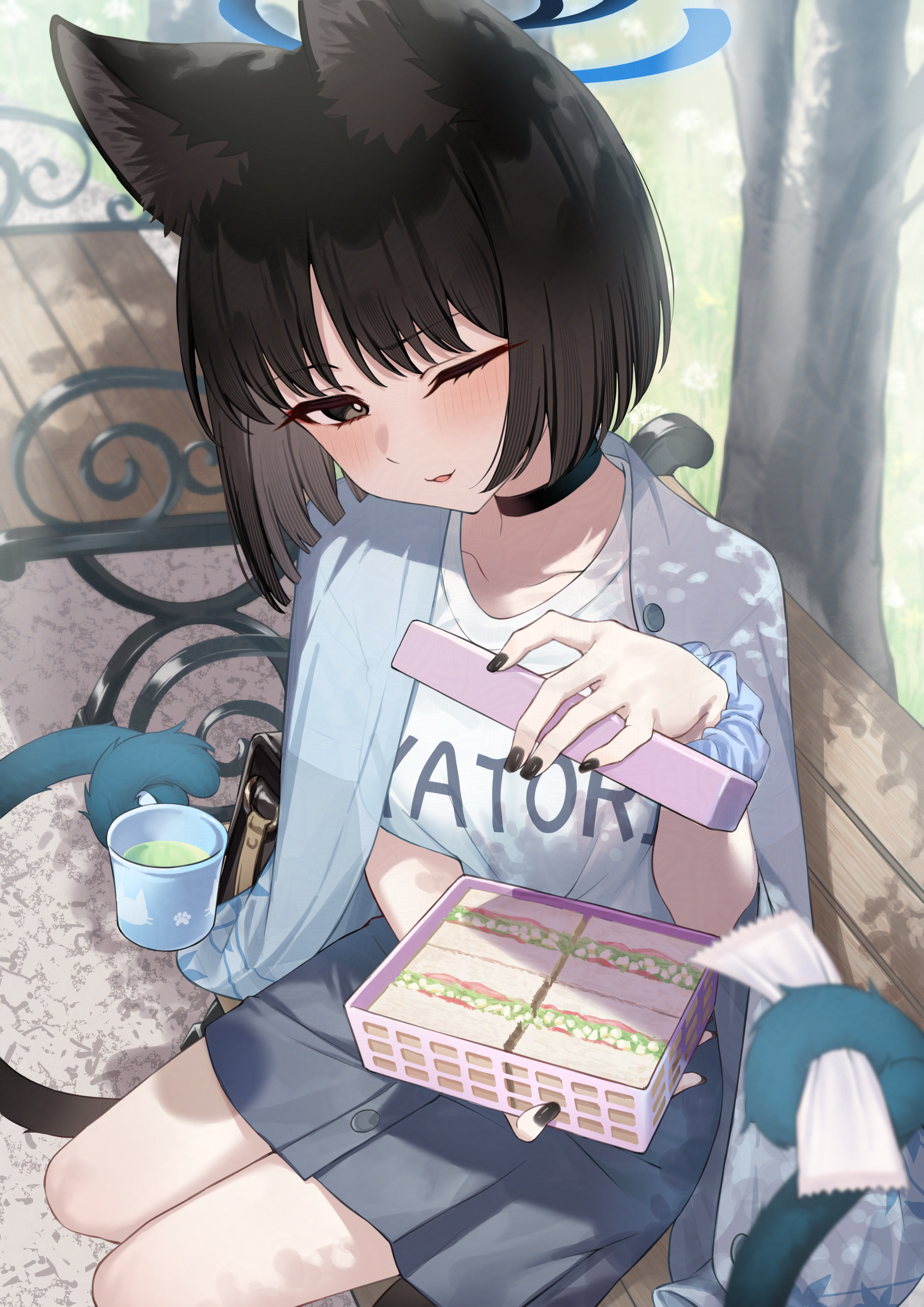 pizza (pizzania company), kikyou (blue archive), blue archive, absurdres, commentary request, highres, revision, 1girl, alternate costume, animal ears, bento, black choker, black eyes, black hair, black nails, blue halo, blue haori, blush, casual, cat ears, cat girl, cat tail, choker, cup, food, green tea, grey skirt, halo, haori, holding, holding bento, holding cup, holding tissue, holding with tail, japanese clothes, looking at viewer, multiple tails, on bench, one eye closed, open mouth, parted bangs, prehensile tail, sandwich, shirt, short hair, sitting, skirt, solo, tail, tea, two tails, white shirt