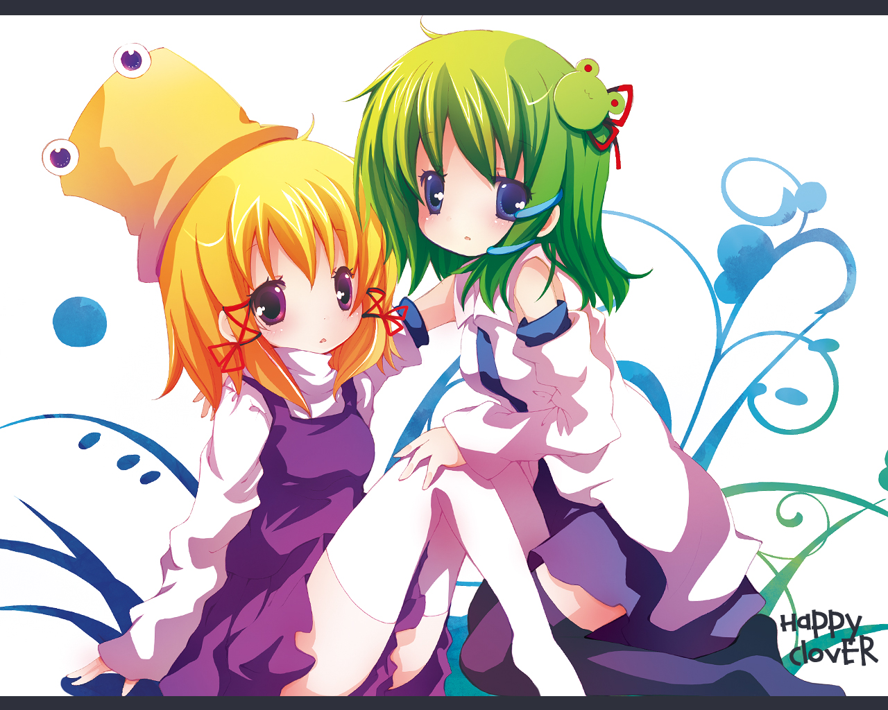 catbell, kochiya sanae, moriya suwako, touhou, white legwear, 2girls, female focus, kneeling, letterboxed, multiple girls, sitting, thighhighs, zettai ryouiki