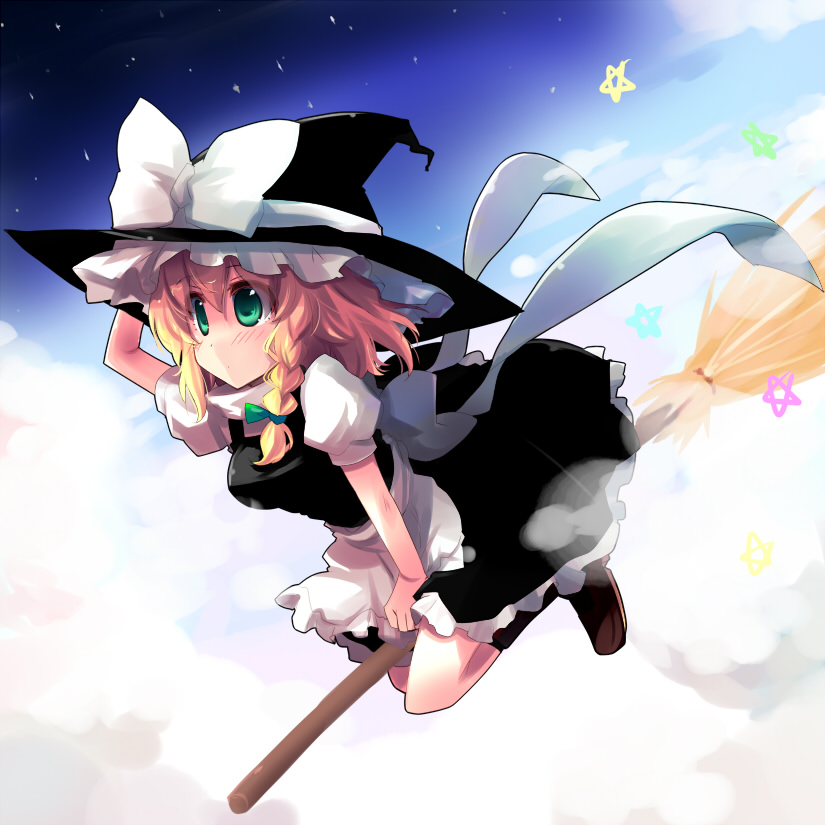 shin (new), kirisame marisa, touhou, 1girl, blonde hair, braid, breasts, broom, broom riding, cloud, dress, female focus, full body, gradient background, green eyes, hand on headwear, hat, outdoors, short hair, sky, solo, witch, witch hat