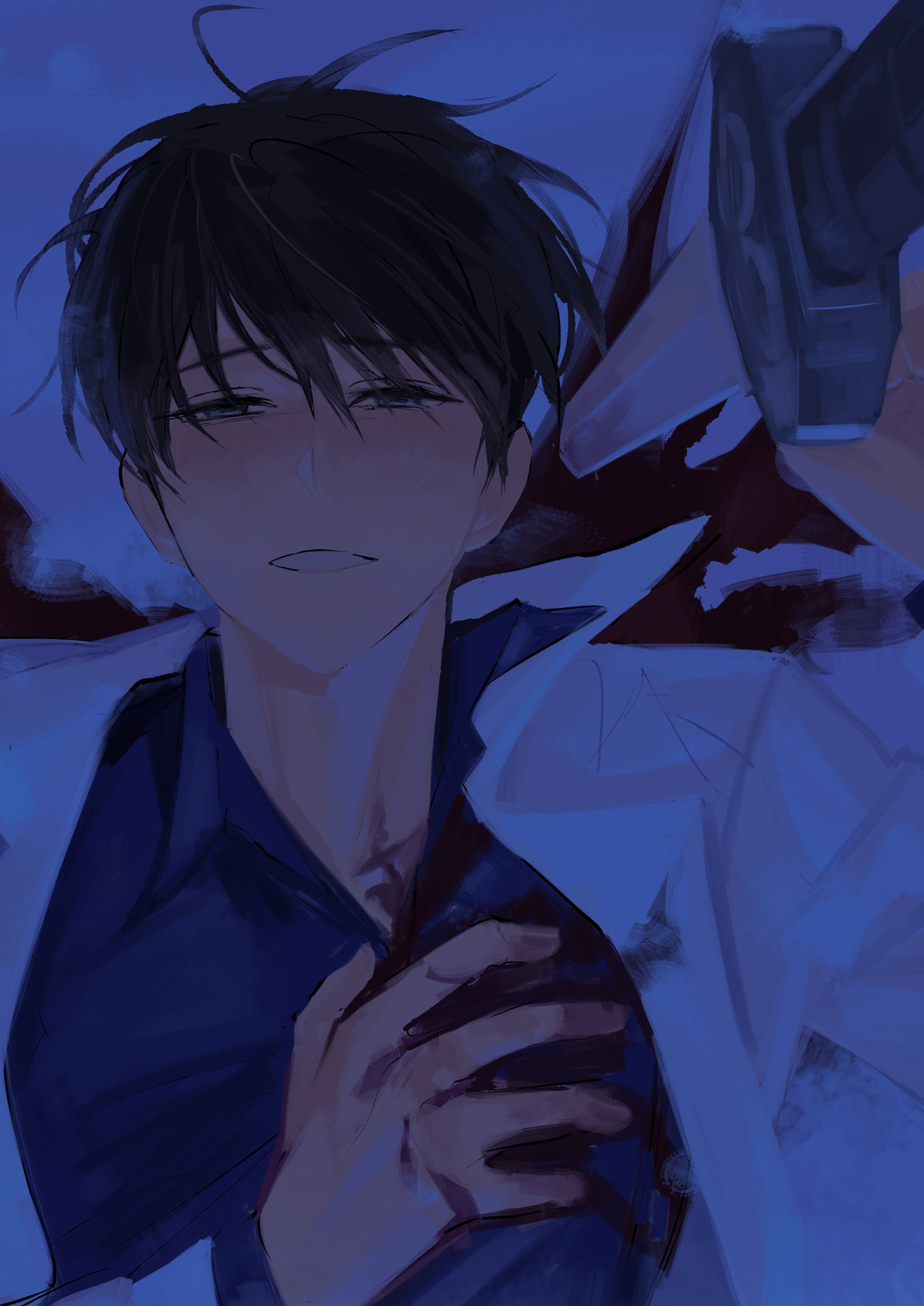 keomikan, kim dokja, omniscient reader's viewpoint, hashtag-only commentary, highres, 1boy, black eyes, black hair, black shirt, blood, blood on ground, clenched teeth, coat, collared shirt, from above, half-closed eyes, hands on own chest, looking at viewer, male focus, open clothes, open coat, planted, planted sword, planted weapon, pool of blood, popped collar, pov, shirt, short hair, sword, teeth, upper body, weapon, white coat