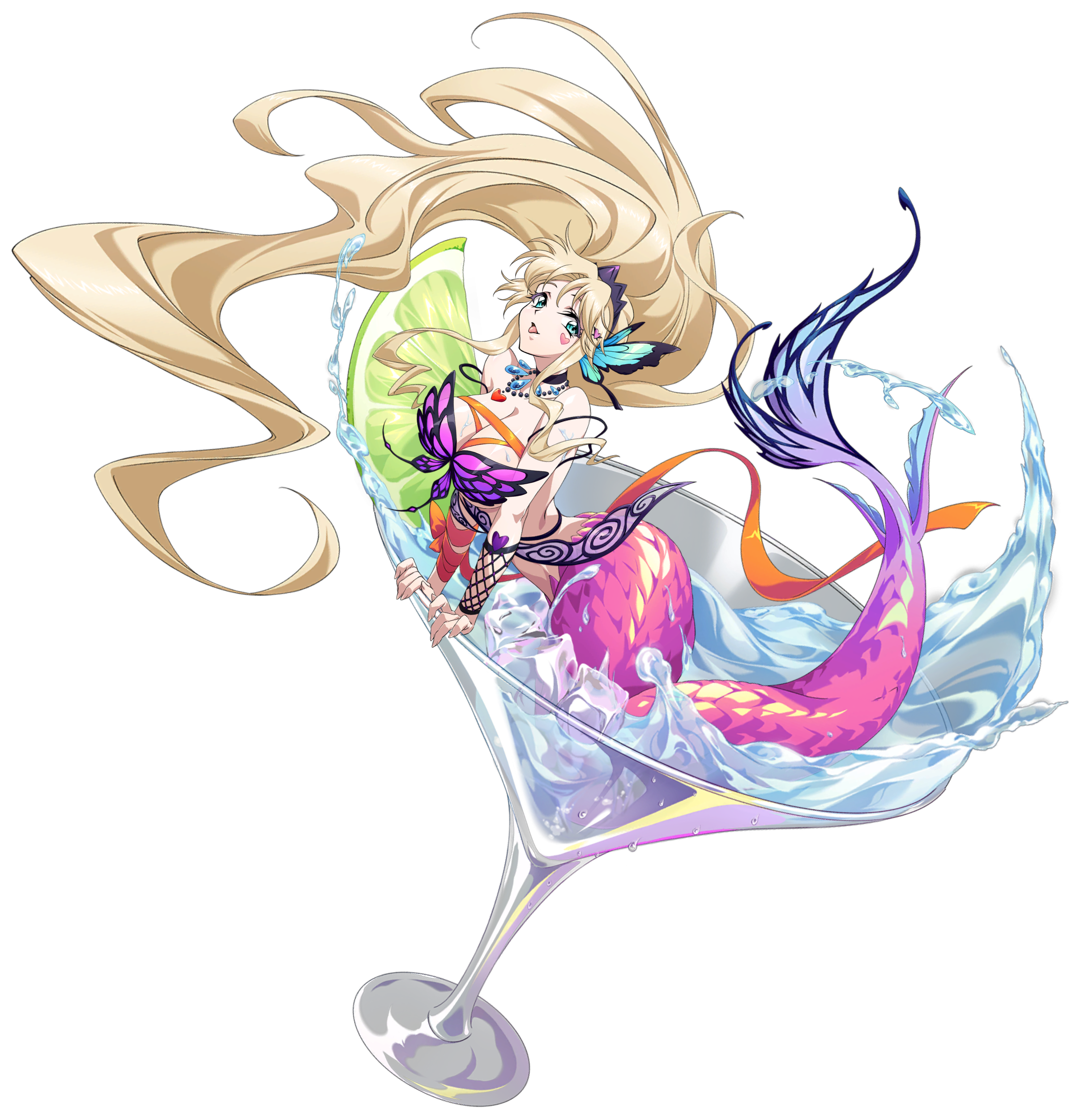 langrisser, langrisser mobile, absurdres, game cg, highres, official art, second-party source, 1girl, aqua eyes, arm ribbon, arm wrap, bare shoulders, bead necklace, beads, blonde hair, blue gemstone, bra, breasts, butterfly hair ornament, cleavage, cocktail glass, cup, curtained hair, drinking glass, fins, fish tail, floating hair, food, fruit, full body, gem, glass, hair ornament, heart, heart necklace, heart on cheek, heart sticker, huge breasts, ice, ice cube, in container, in cup, in water, jewelry, kneeless mermaid, lime (fruit), lime slice, long hair, long sidelocks, looking at viewer, lying, mermaid, mermaid out of environment, mesh, monster girl, necklace, nymph (langrisser), official alternate costume, on side, open mouth, orange ribbon, oversized object, partially submerged, pink scales, purple tiara, ribbon, ribbon between breasts, scales, sidelocks, simple background, smile, solo, splashing, sticker, stomach, tachi-e, tail, tiara, tongue, tongue out, transparent background, underwear, very long hair, water