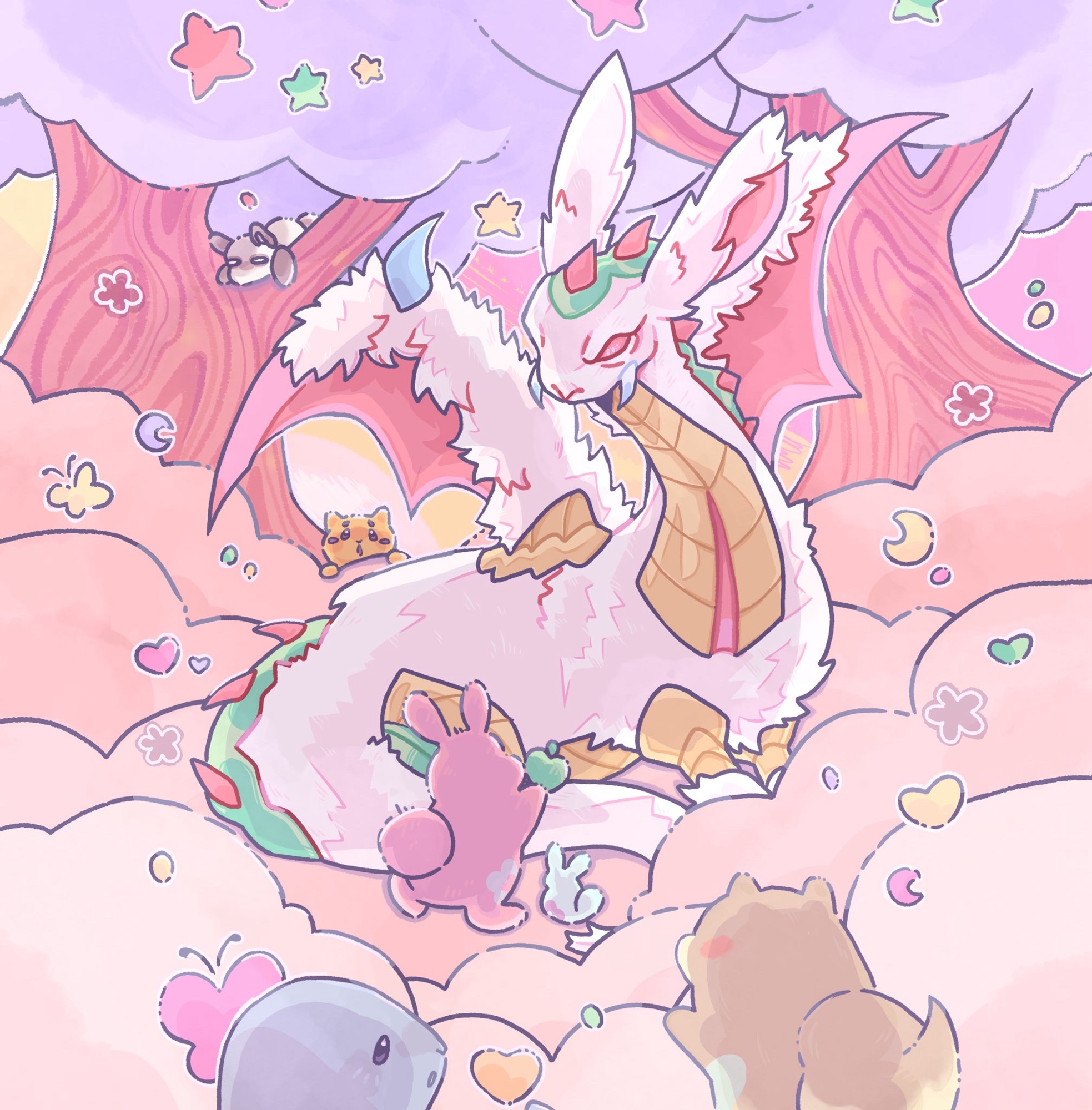 melffy catty, melffy puppy, melffy rabby, yu-gi-oh!, highres, tagme, cat, dog, dragon, duel monster, forest, horns, melffy pinny, nature, pastel colors, pink fur, rabbit, rabidragon, red eyes, red horns, seal (animal), tree, wings