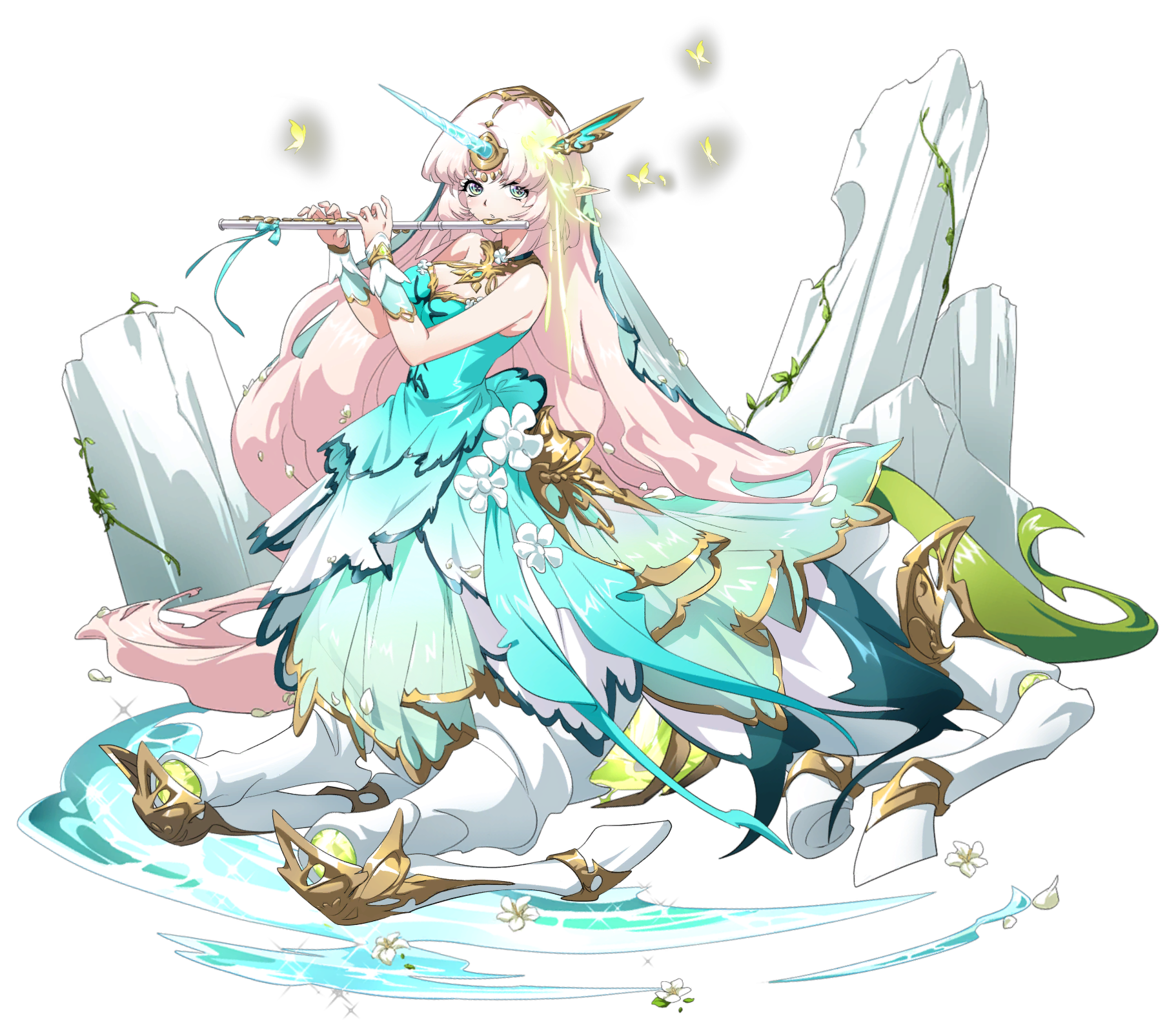 langrisser, langrisser mobile, game cg, highres, official art, second-party source, 1girl, barding, bare shoulders, big hair, blowing, blue dress, blue ribbon, blue veil, bracer, breasts, bug, butterfly, centaur, centauroid, cleavage cutout, clothing cutout, cross-shaped pupils, dress, dress flower, elisse (langrisser), flower, flute, full body, gold trim, golden butterfly, gradient clothes, gradient dress, green eyes, green trim, hair ornament, holding, holding flute, holding instrument, hooves, horns, insect, instrument, layered dress, long hair, looking at viewer, lying, monster girl, multiple legs, music, official alternate costume, parted bangs, pink hair, plant, playing flute, playing instrument, pointy ears, ribbon, rock, simple background, single horn, sleeveless, sleeveless dress, small breasts, solo, sparkling water, stream, symbol-shaped pupils, tachi-e, taur, transparent background, unicorn horn, veil, very long hair, vines, water, white flower, white wrist cuffs, wrist cuffs, yellow butterfly