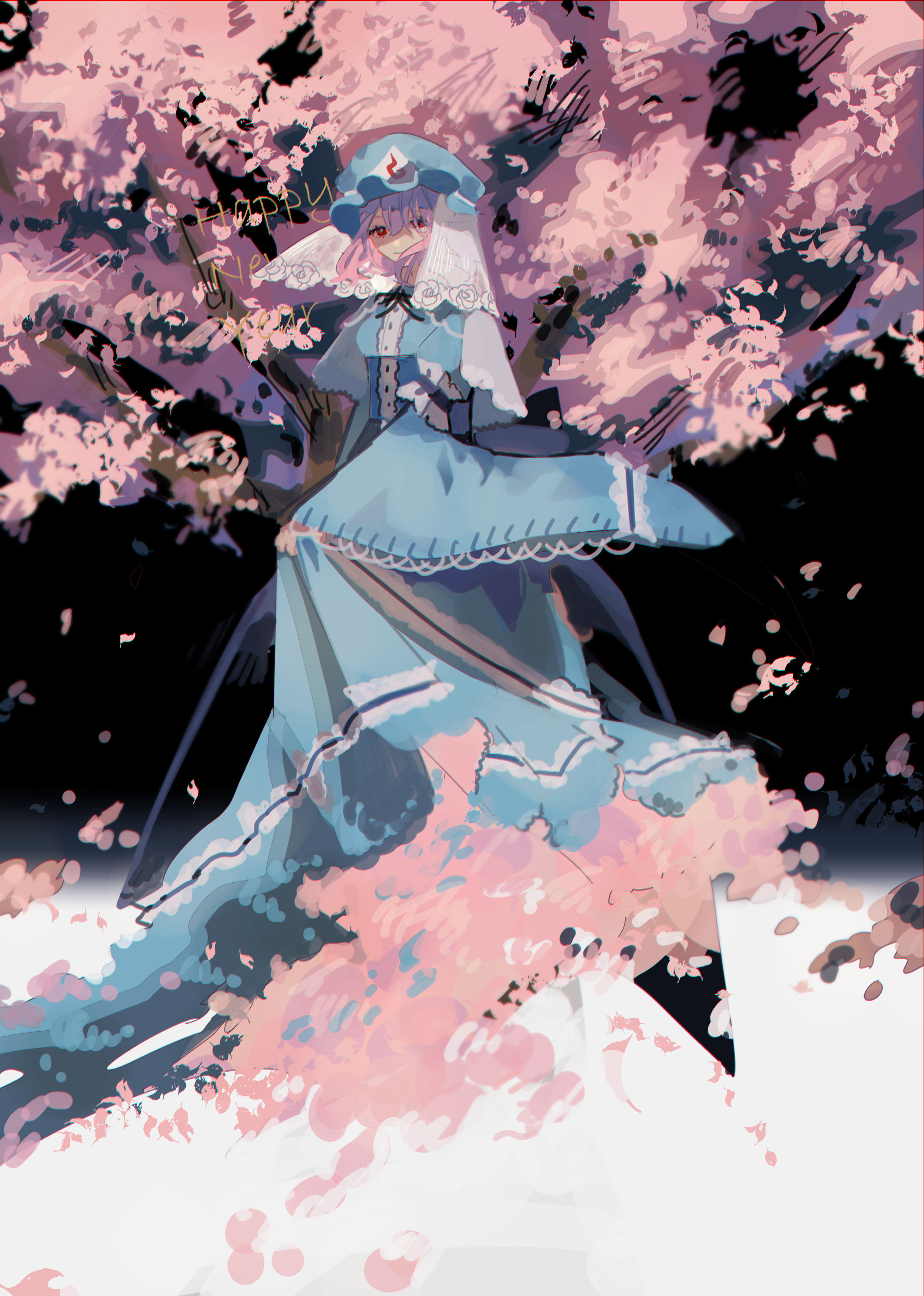shi chimi, saigyouji yuyuko, touhou, absurdres, highres, 1girl, blue kimono, cherry blossoms, expressionless, floating, full body, happy new year, hat, japanese clothes, kimono, long sleeves, looking at viewer, mob cap, new year, pink eyes, pink hair, pink petals, puffy sleeves, solo, veil