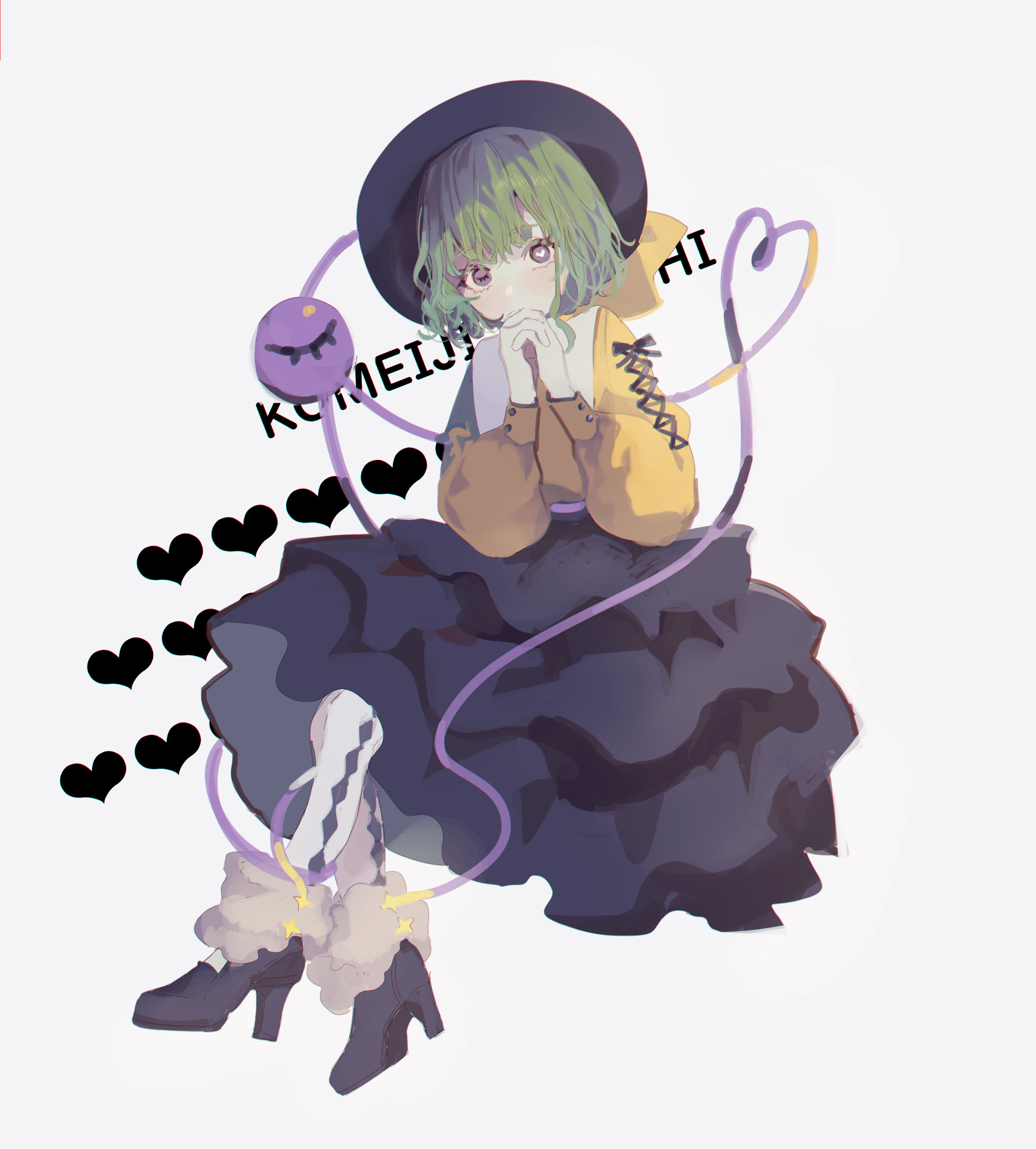shi chimi, komeiji koishi, touhou, absurdres, commentary request, highres, adapted costume, black shoes, black skirt, character name, full body, green hair, hat, heart, high heels, interlocked fingers, long sleeves, looking at viewer, medium hair, pantyhose, purple eyes, shirt, shoes, sitting, skirt, third eye, white pantyhose, yellow shirt