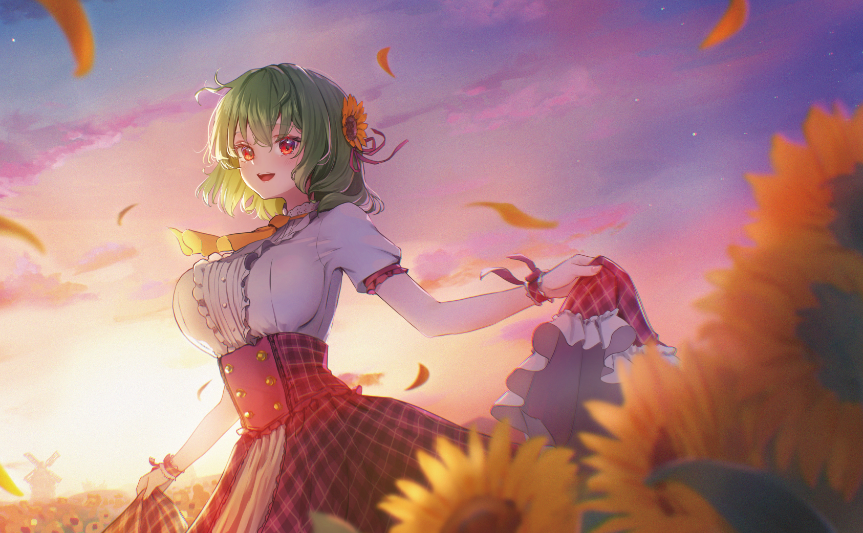 shironeko yuuki, kazami yuuka, touhou, commentary request, highres, 1girl, :d, ascot, blurry, blurry foreground, breasts, center frills, cloud, cowboy shot, falling petals, field, flower, flower field, frilled wrist cuffs, frills, green hair, hair between eyes, hair flower, hair ornament, hair ribbon, high-waist skirt, large breasts, looking at viewer, open mouth, outdoors, petals, plaid clothes, plaid skirt, purple ribbon, red eyes, red skirt, ribbon, shirt, short hair, short sleeves, skirt, skirt hold, smile, solo, standing, star (sky), sunflower, sunflower field, sunset, white shirt, windmill, wrist cuffs, yellow ascot, yellow flower, yellow petals
