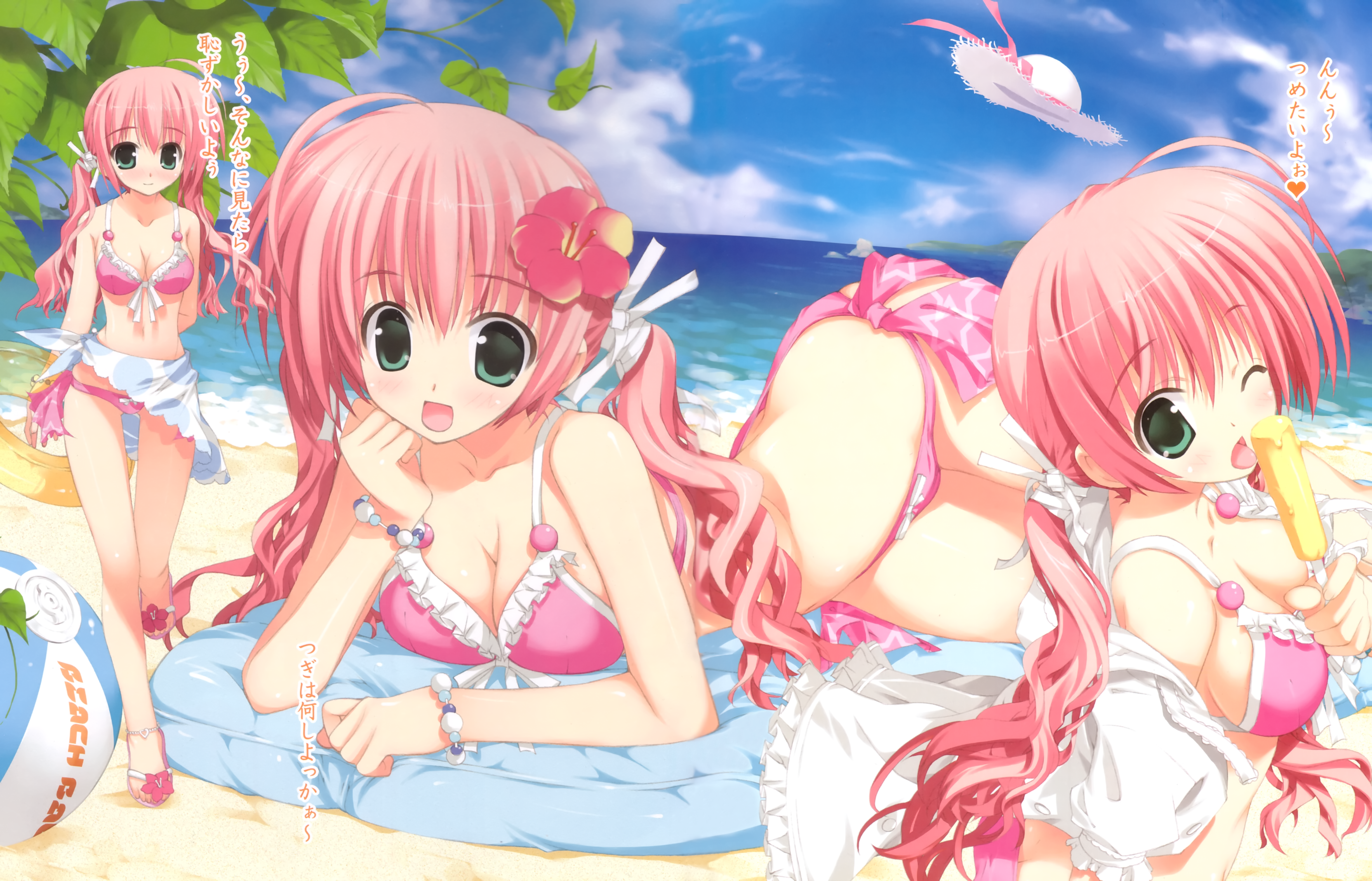 fujima takuya, ren'ai yohou, absurdres, highres, huge filesize, 3girls, anklet, ball, beach, beachball, bikini, blush, breasts, cleavage, day, flower, food, front-tie top, green eyes, hair flower, hair ornament, hair ribbon, hat, jewelry, lying, medium breasts, multiple girls, one eye closed, open mouth, outdoors, popsicle, ribbon, sarong, side-tie bikini bottom, sun hat, swimsuit, tongue, twintails, wink